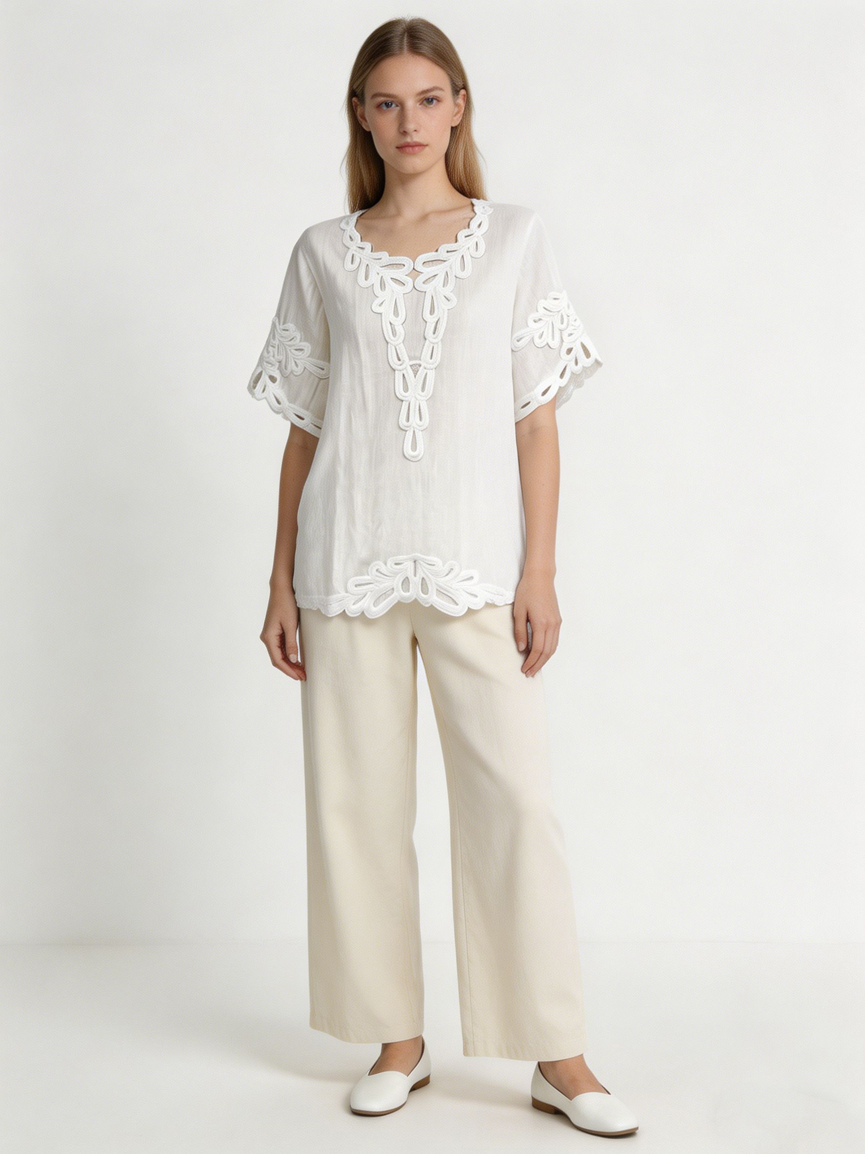 Boho White Top with Cording Detail Short Sleeve Loose Summer Blouse