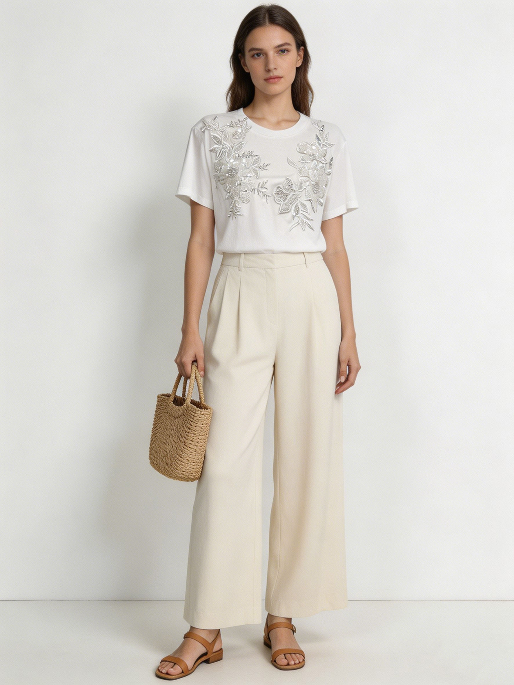 Boho Sequin Embroidered White Tee Casual Summer Top for Women M-38604