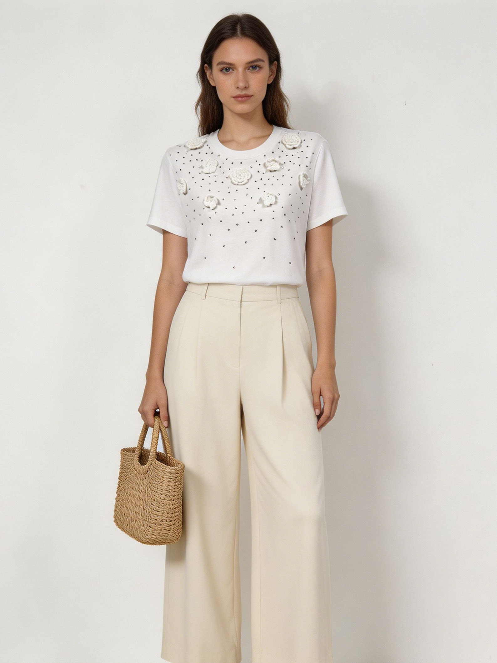 Summer White Tee with 3D Crochet Flowers and Rhinestones Short Sleeve Top M-40142-7