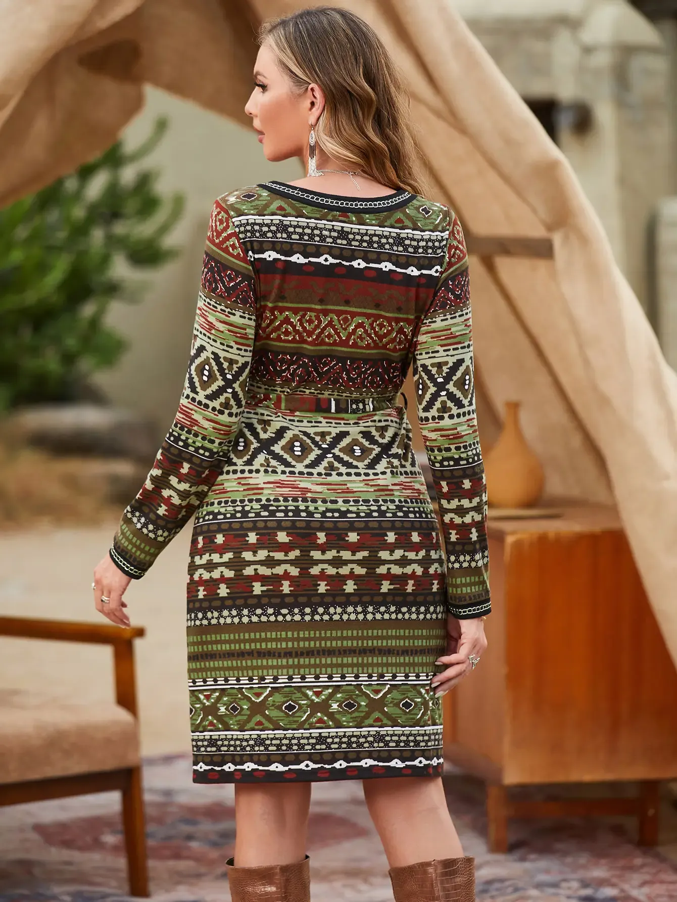 Women’s Western Boho Tribal Print Long Sleeve Drawstring Mini Dress M-33646