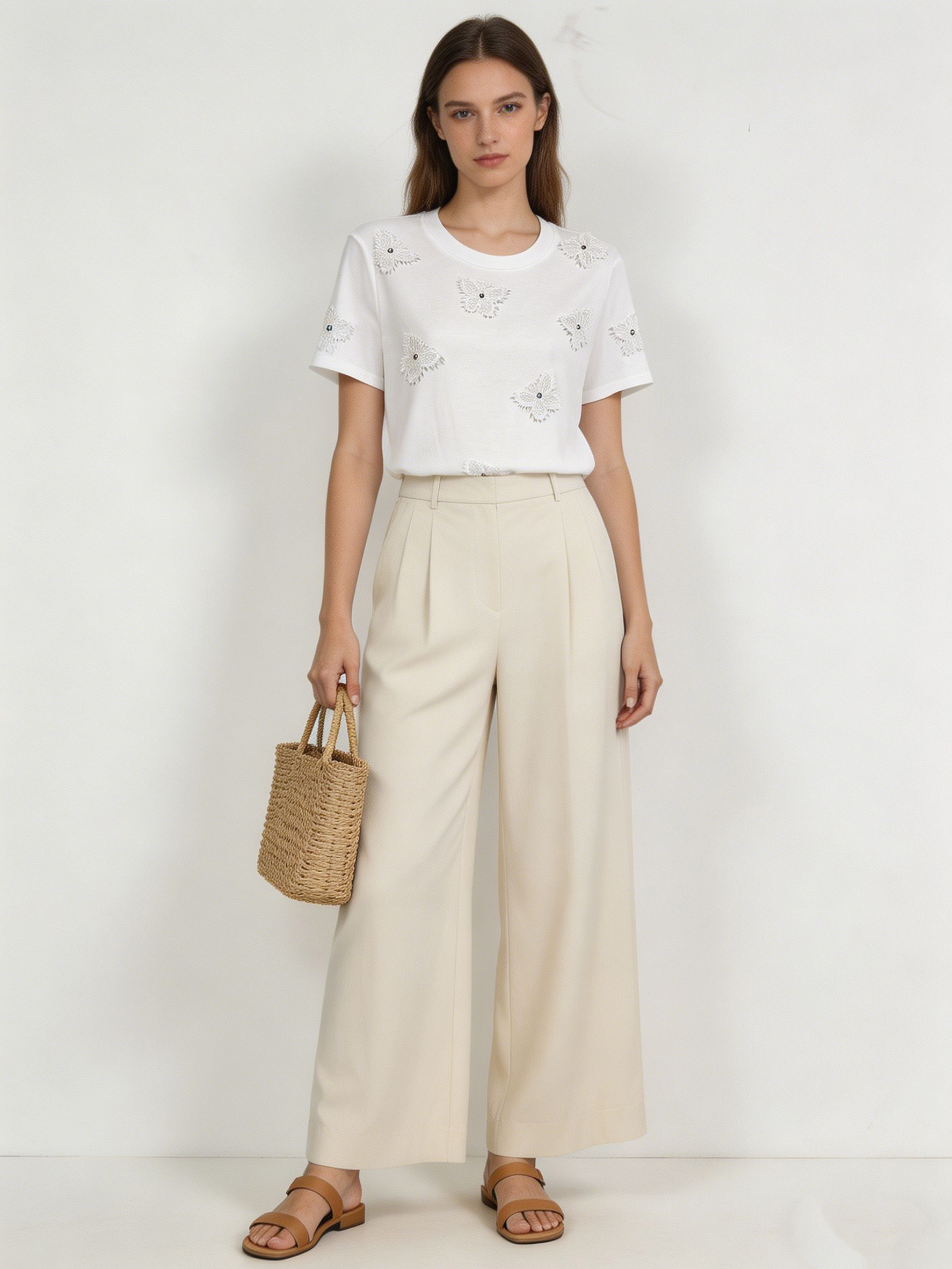 Women's White Floral Lace Applique Embellished T-Shirt Short Sleeve Casual Summer Top M-40196-3