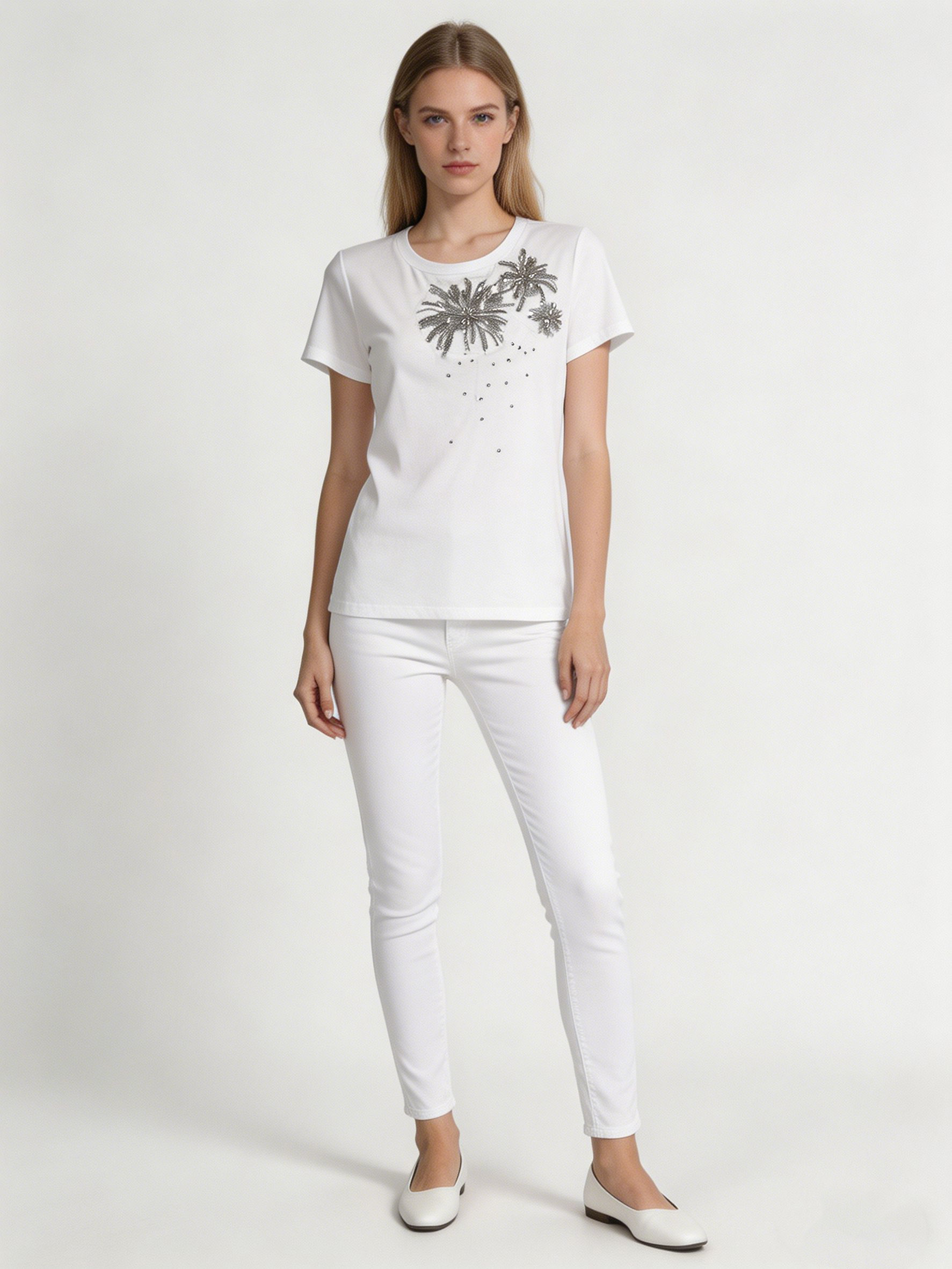 Ladies' Silver Sequined Beadwork Crew Neck T-Shirt Elegant Casual Embellished Top M-42428-4