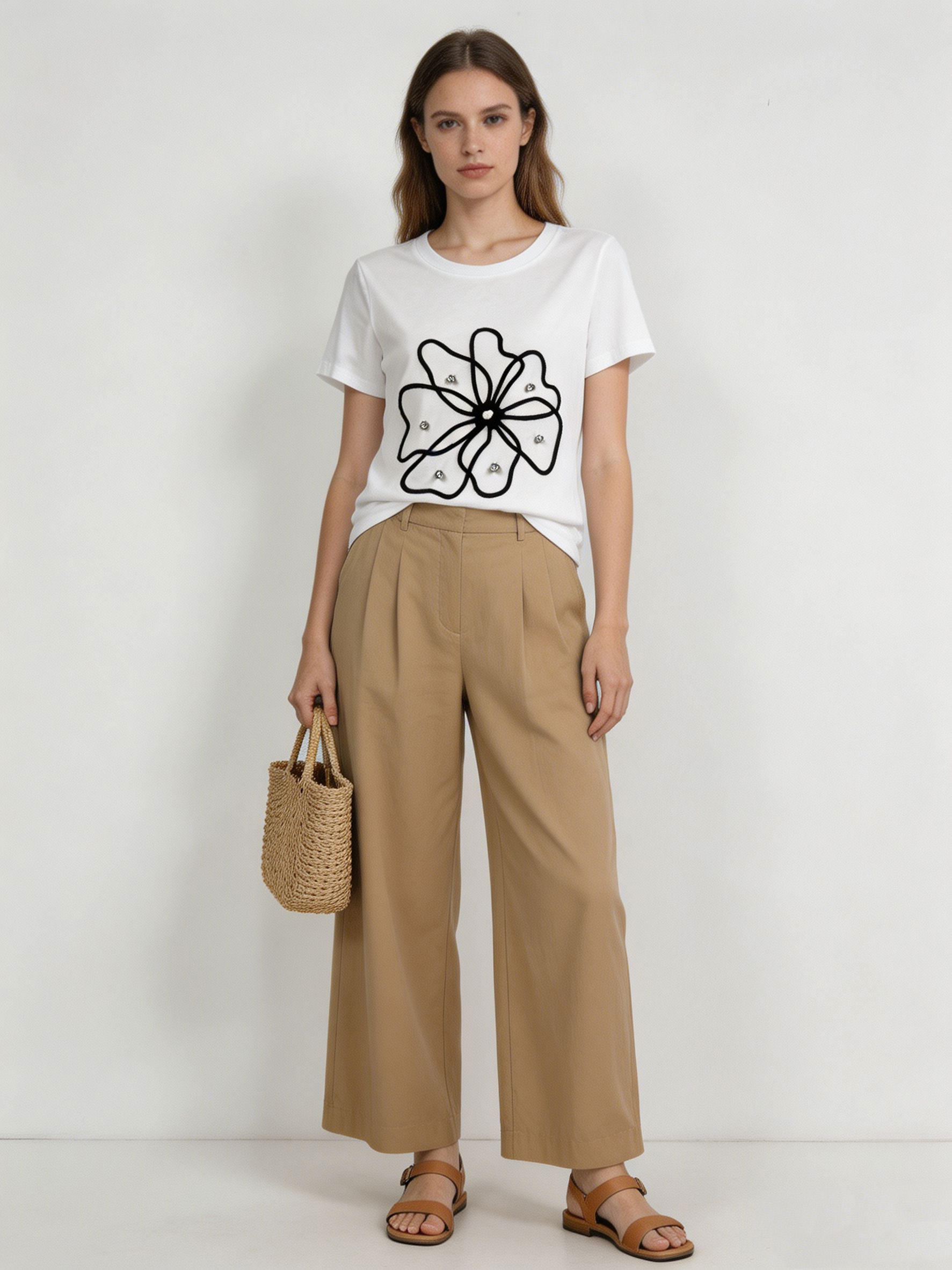 Women's Rhinestone Abstract Flower Patch Cotton T-Shirt Casual Summer Top M-42129-21