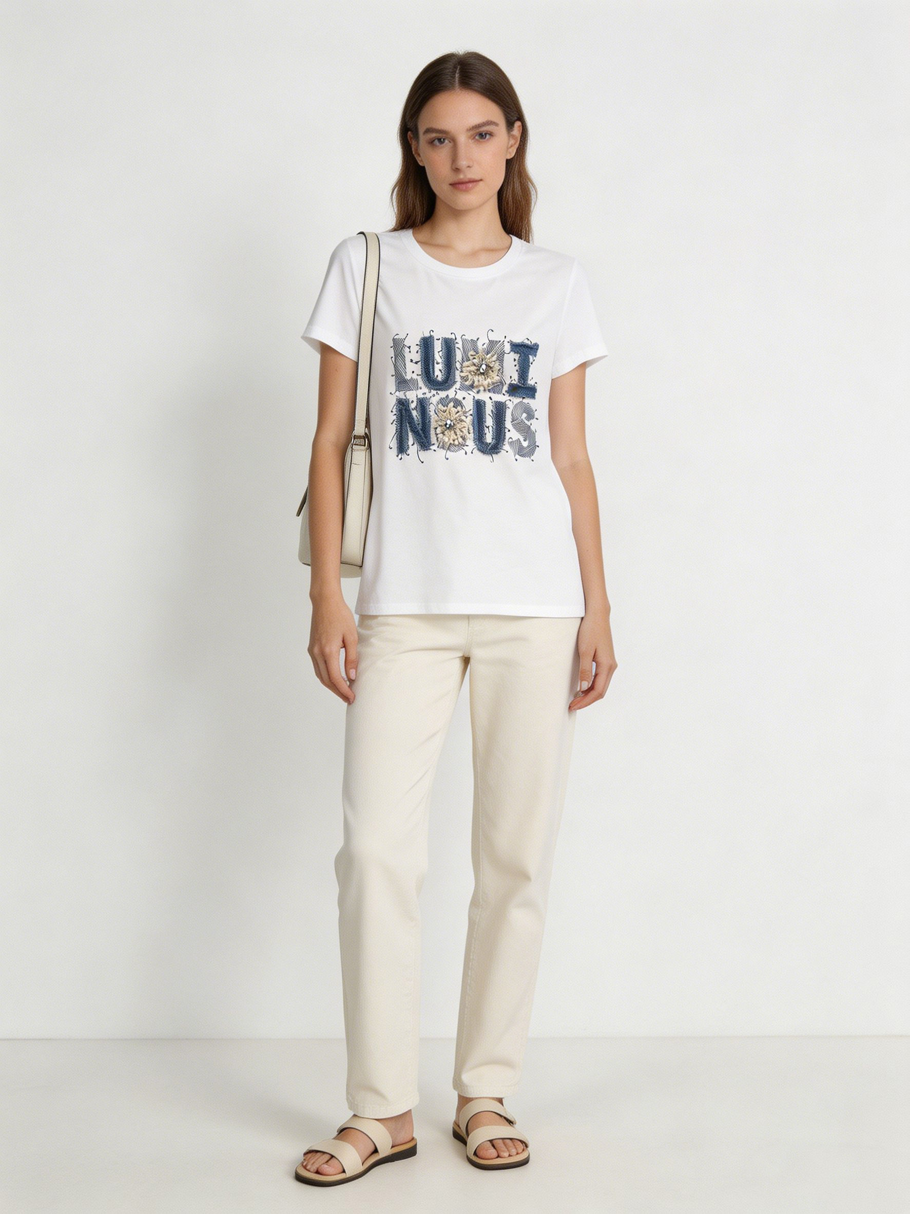 Women's Romantic Beaded Embroidery Letter T-Shirt Casual Summer Top M-42129-22