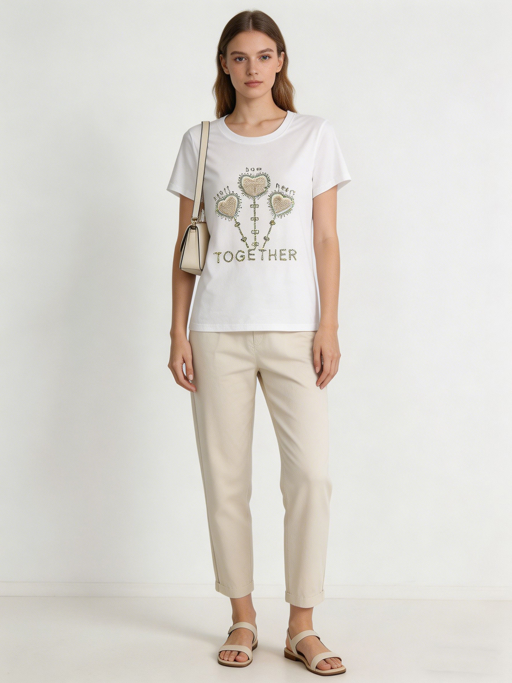 Women's Cute Rhinestone Heart Key Embellished Graphic T-Shirt Summer Top M-42130