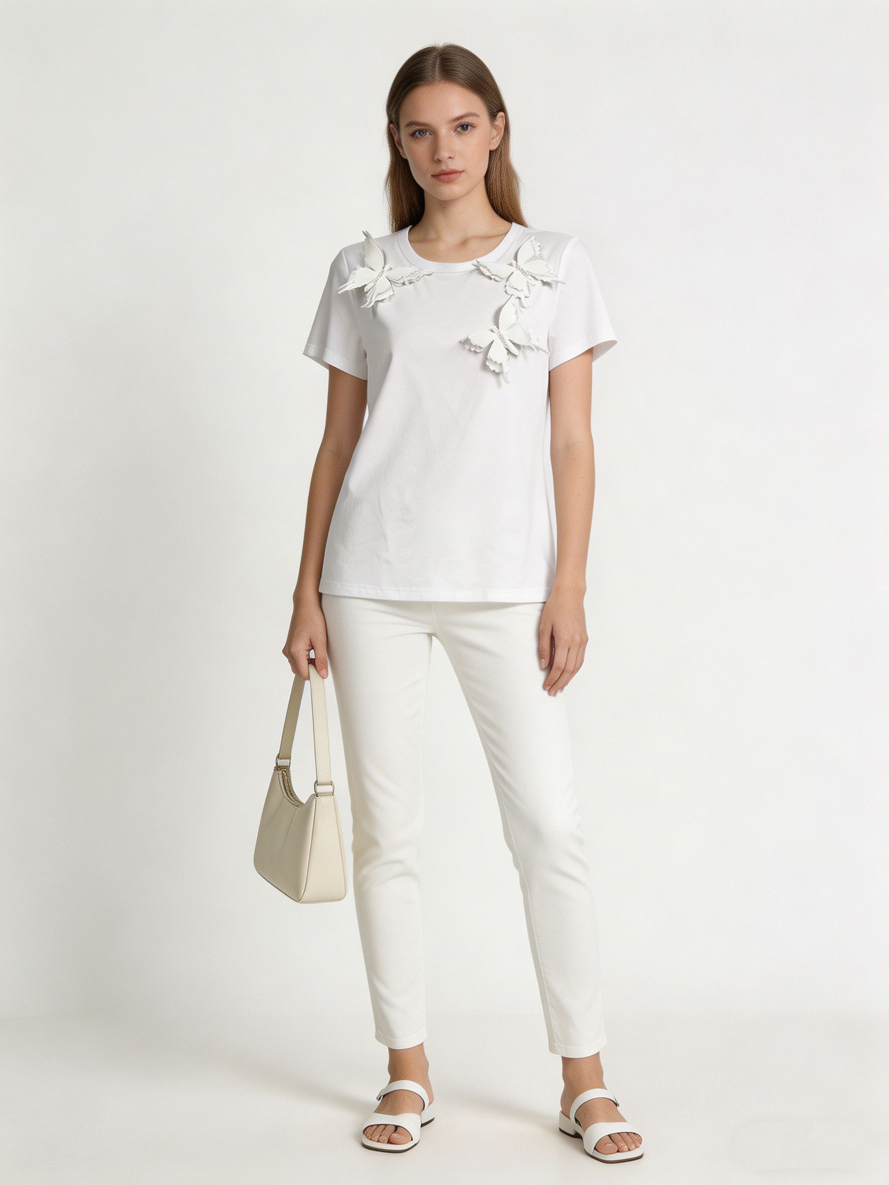  Women's 3D White Butterfly Applique Pearl Beaded Summer T-Shirt M-42130-6