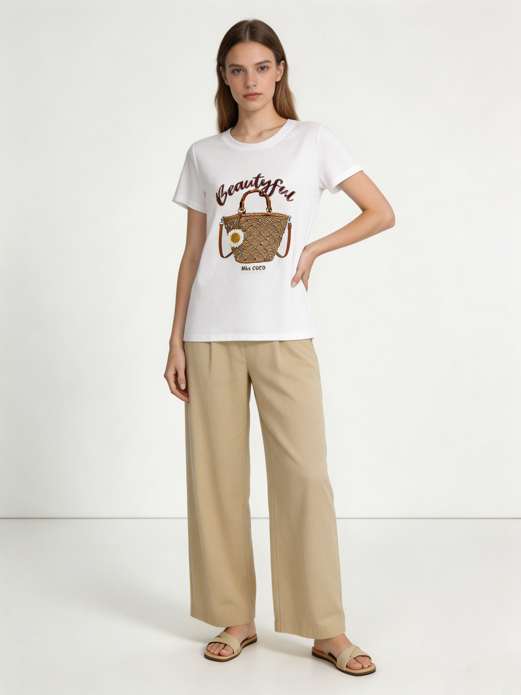 Women's Cute 3D Straw Handbag Embellished "Beautiful" Graphic Tee 