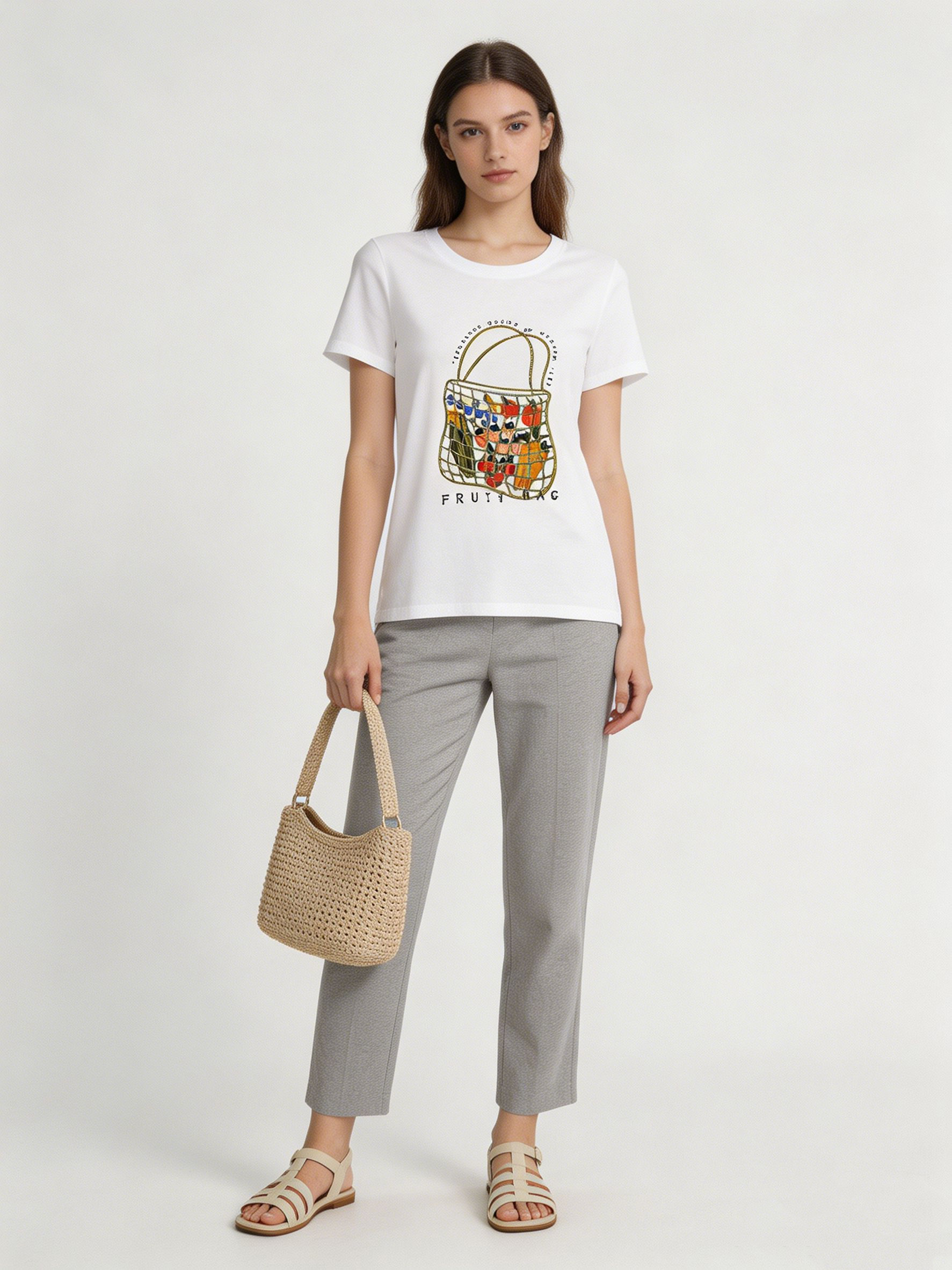 Women's Resort Fruit Basket Print Tee Glitter Outline Casual Summer T-Shirt M-42131-8