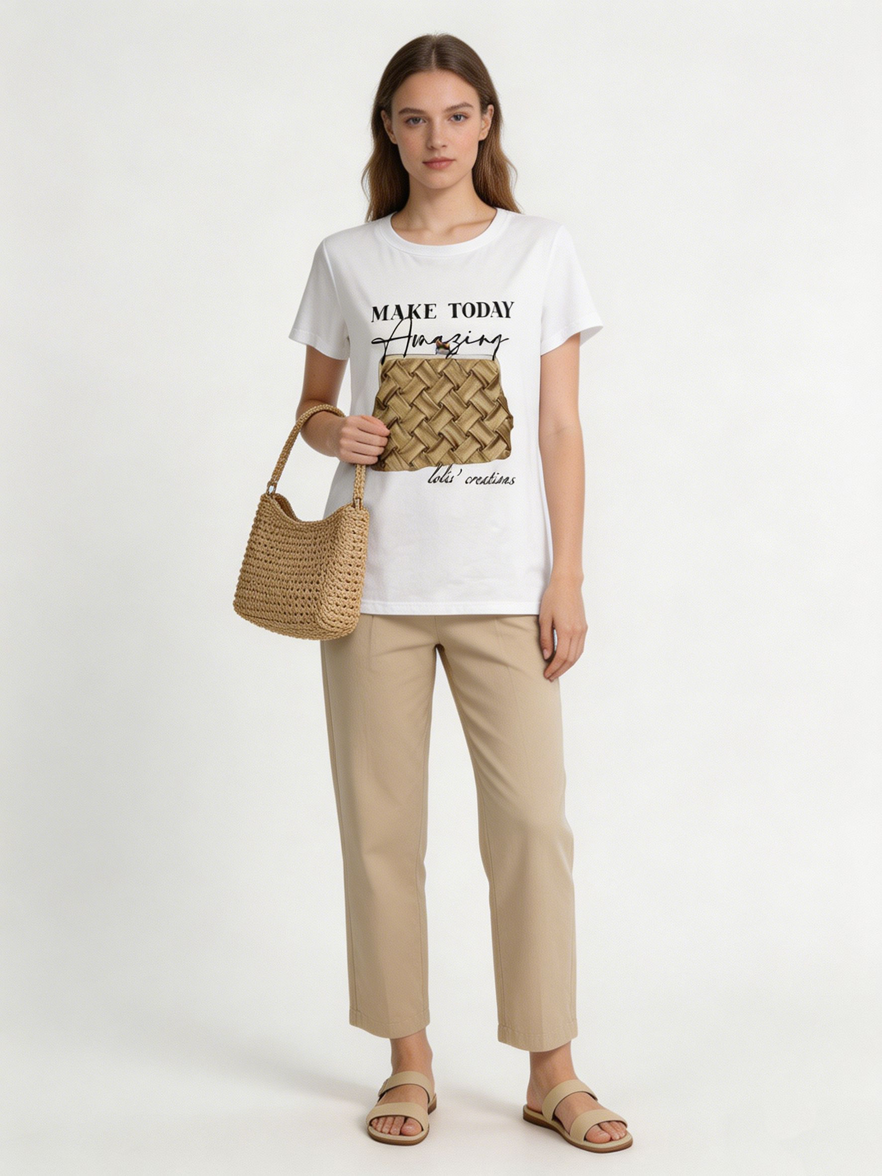  Women's Woven Tote Bag Print Shirt Cute Pearl Charm Slogan Summer T-Shirt M-42131-9