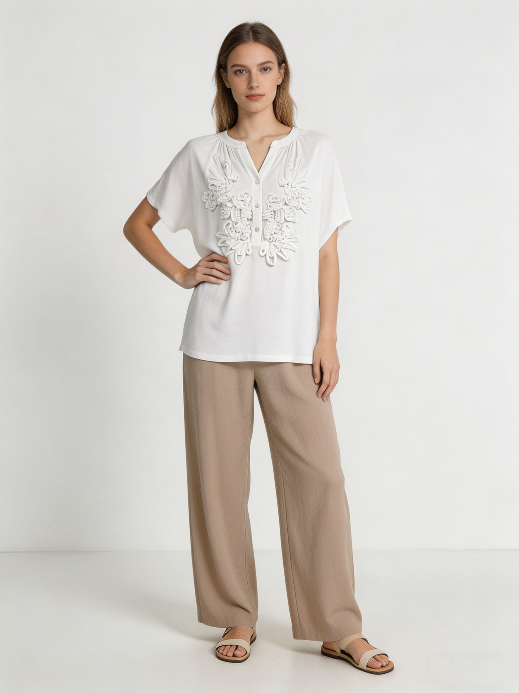 Women's 3D Floral Cord Embroidered Henley Blouse Casual Loose Fit White Top M-42164