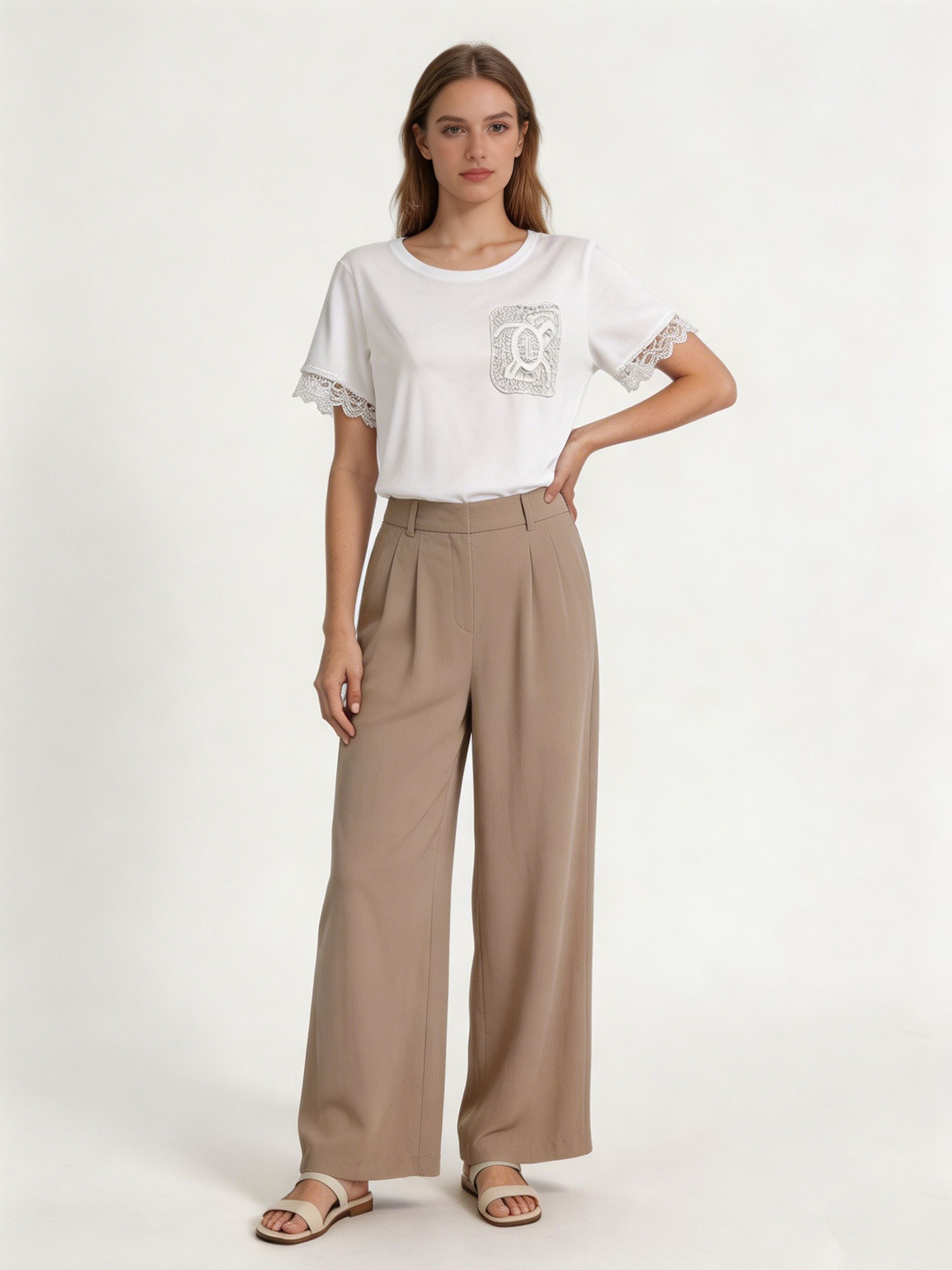 Elegant Tone-on-Tone Lace Applique Pocket Blouse with Crochet Detail Sleeve Trim M-42165