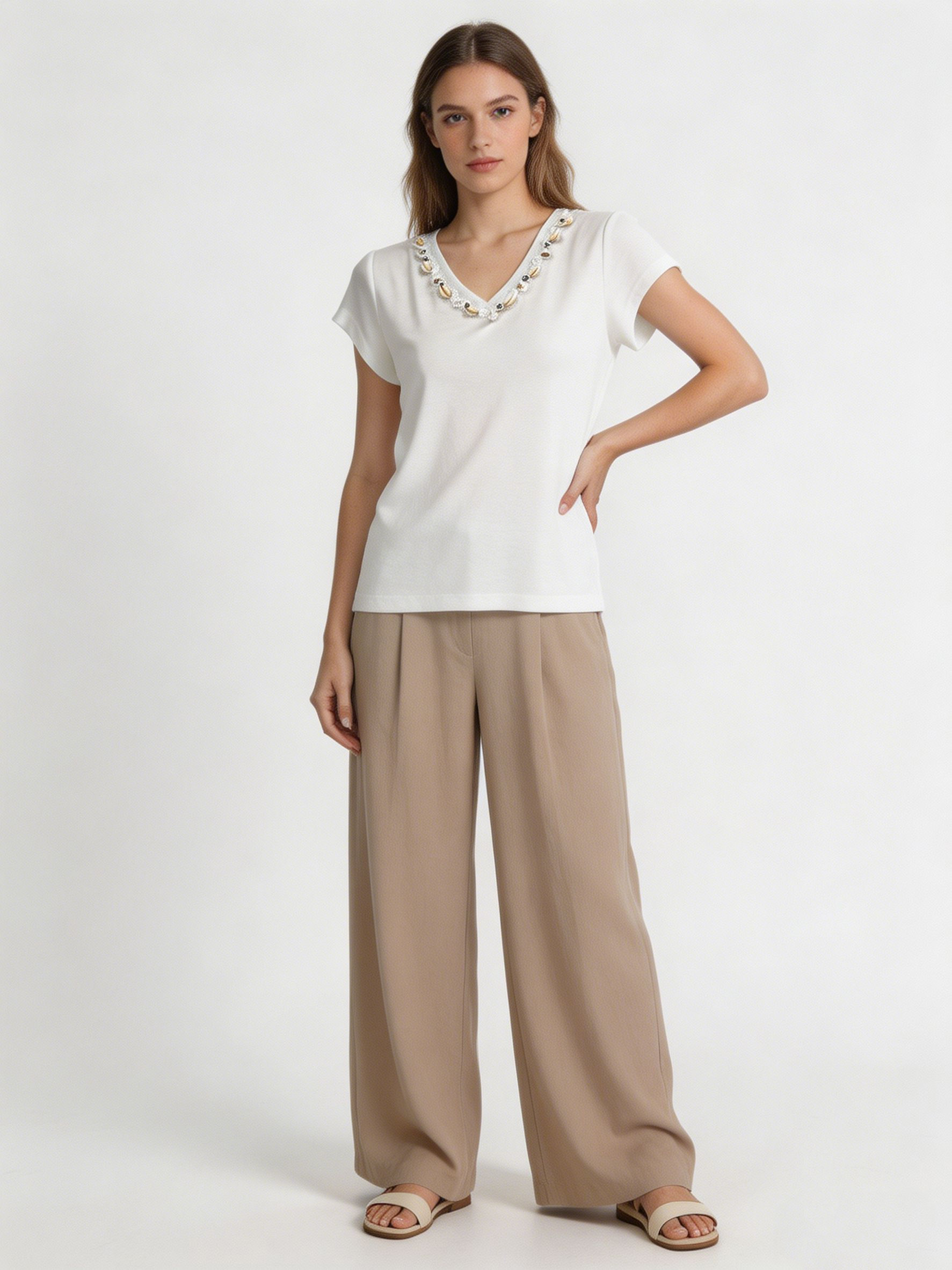 Romantic Lace and Shell Detail V-Neck T-shirt Casual Summer White Top