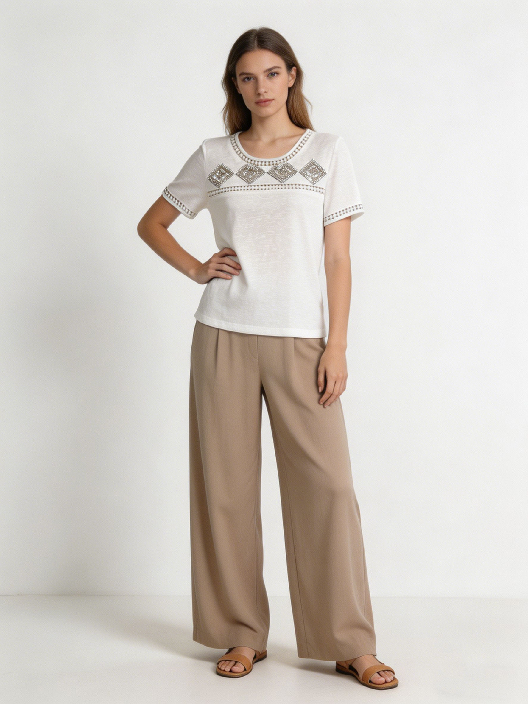 Luxury Embellished Silver Sequin Slub Top Hollow Out Detail Summer Tee M-42175