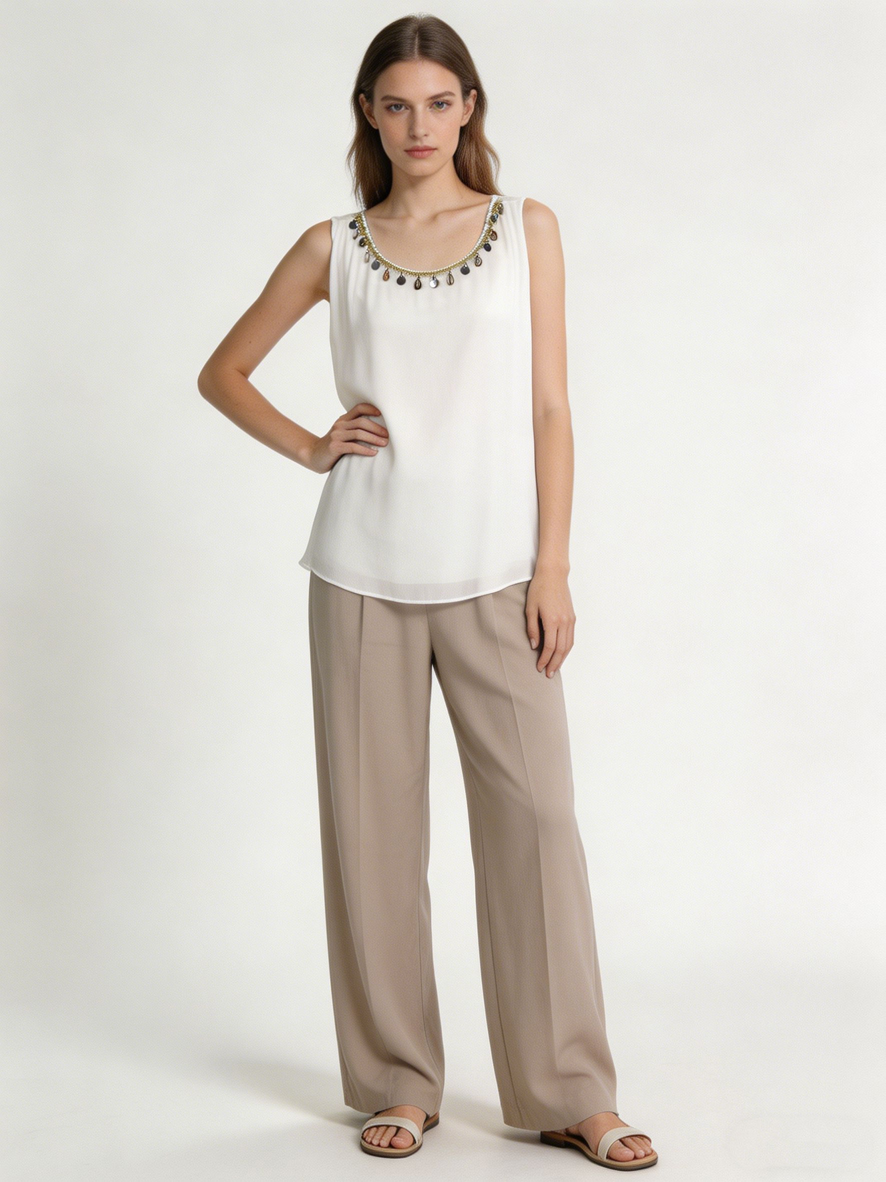 Women's Heavy Embellished Neckline Chiffon Tunic Casual Loose Fit Top M-42214