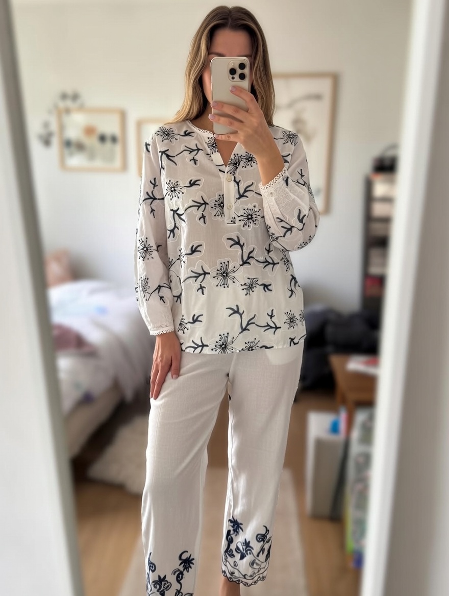 Boho Floral Embroidered Cotton Blouse for Women C-42319