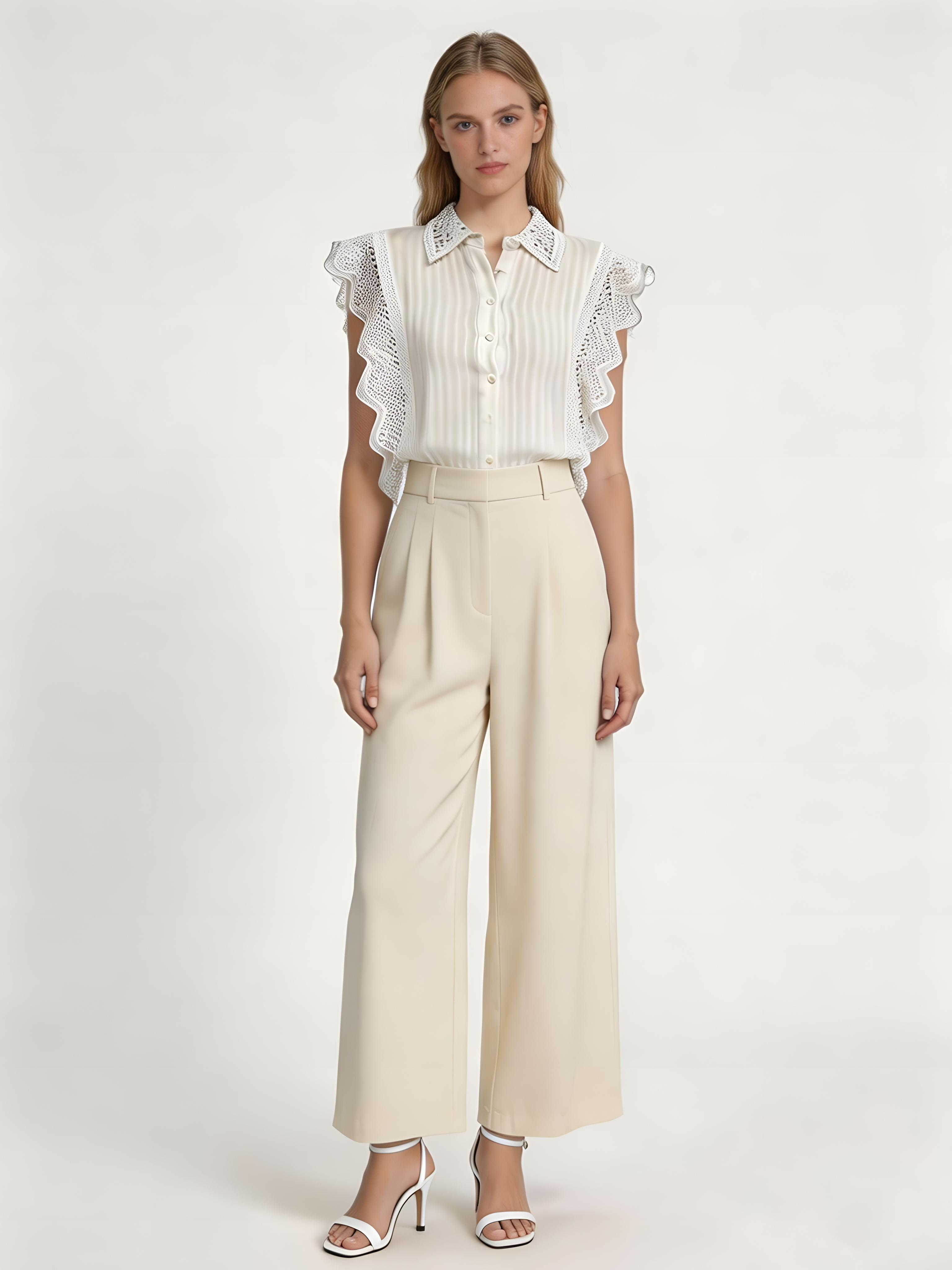 Cottagecore White Eyelet Blouse Delicate Scalloped Ruffle Sleeve Summer Resort Top Y-34752