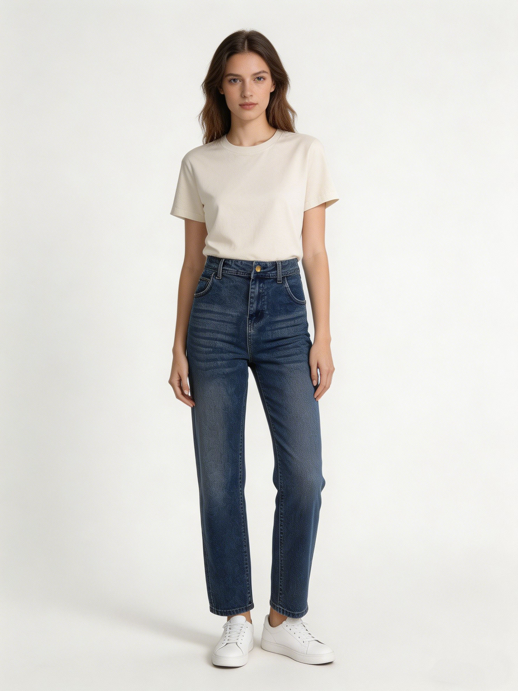 lassic High Waist Straight Denim Jeans for Women Dark Blue Washed Pants YZ5010