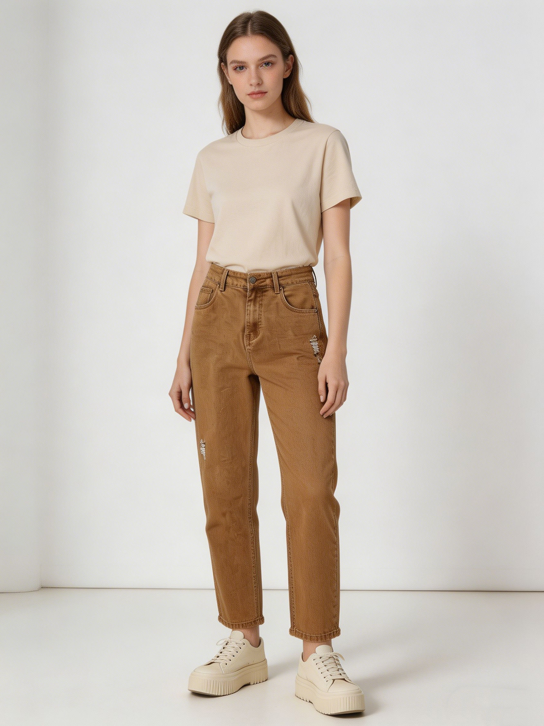 Distressed Tan Straight Leg Jeans High Waist Relaxed Fit Denim for Women YZ5012