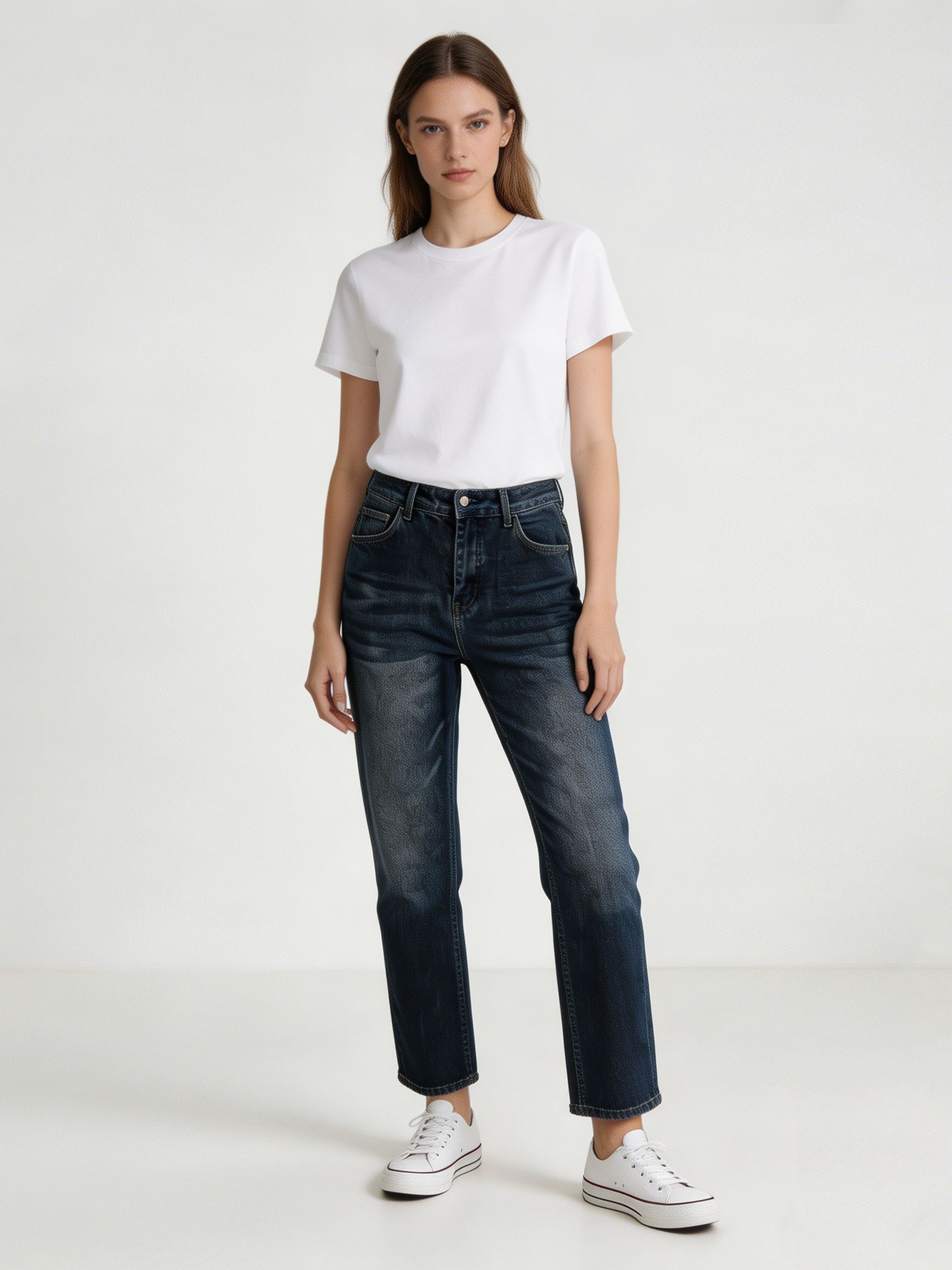 Premium Dark Blue Straight Jeans High-Rise Slimming Fit Denim Pants ZY5023