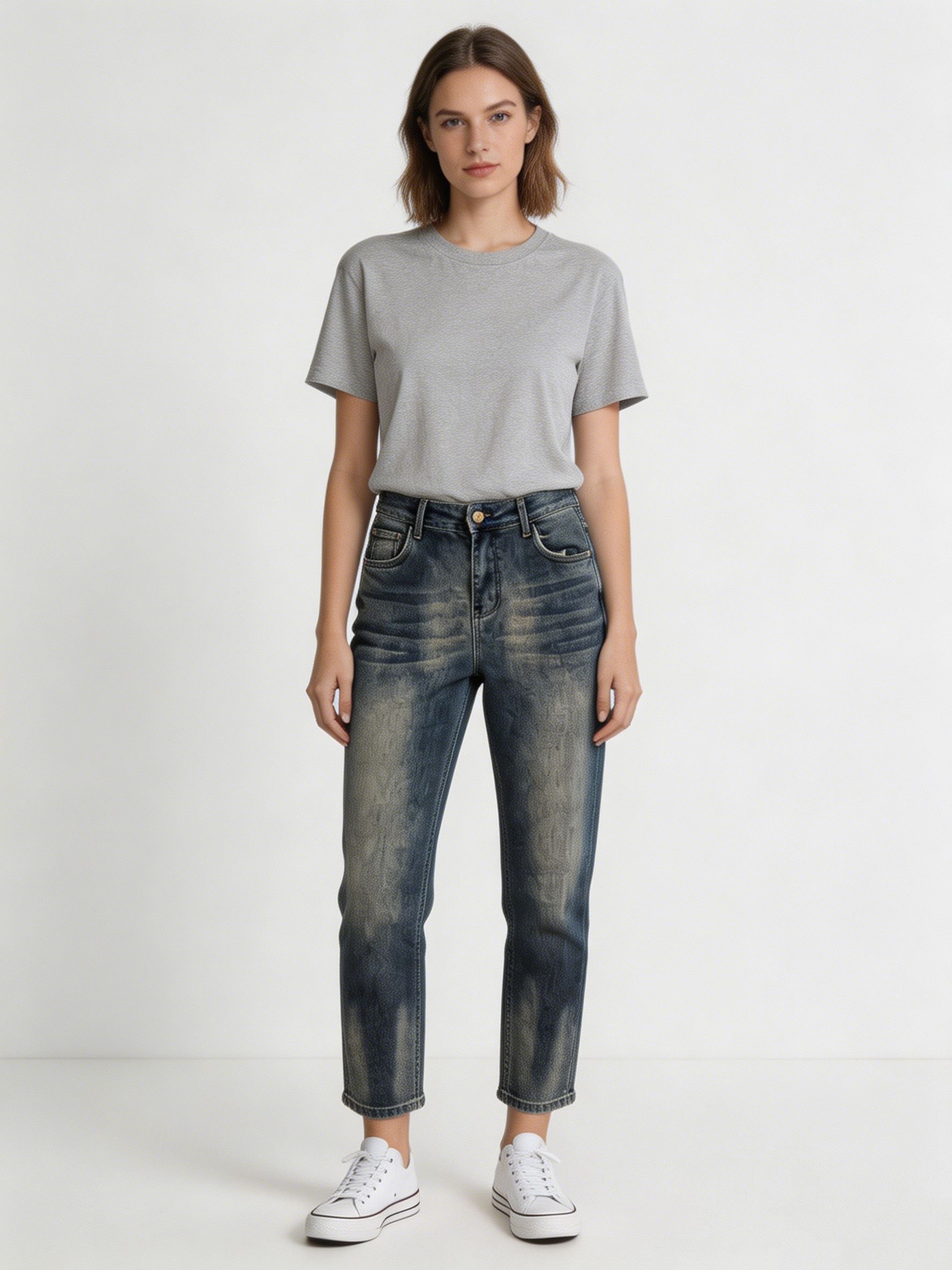 Women's Vintage Wash High Waist Straight Denim Jeans Classic Streetwear Pants ZY5026