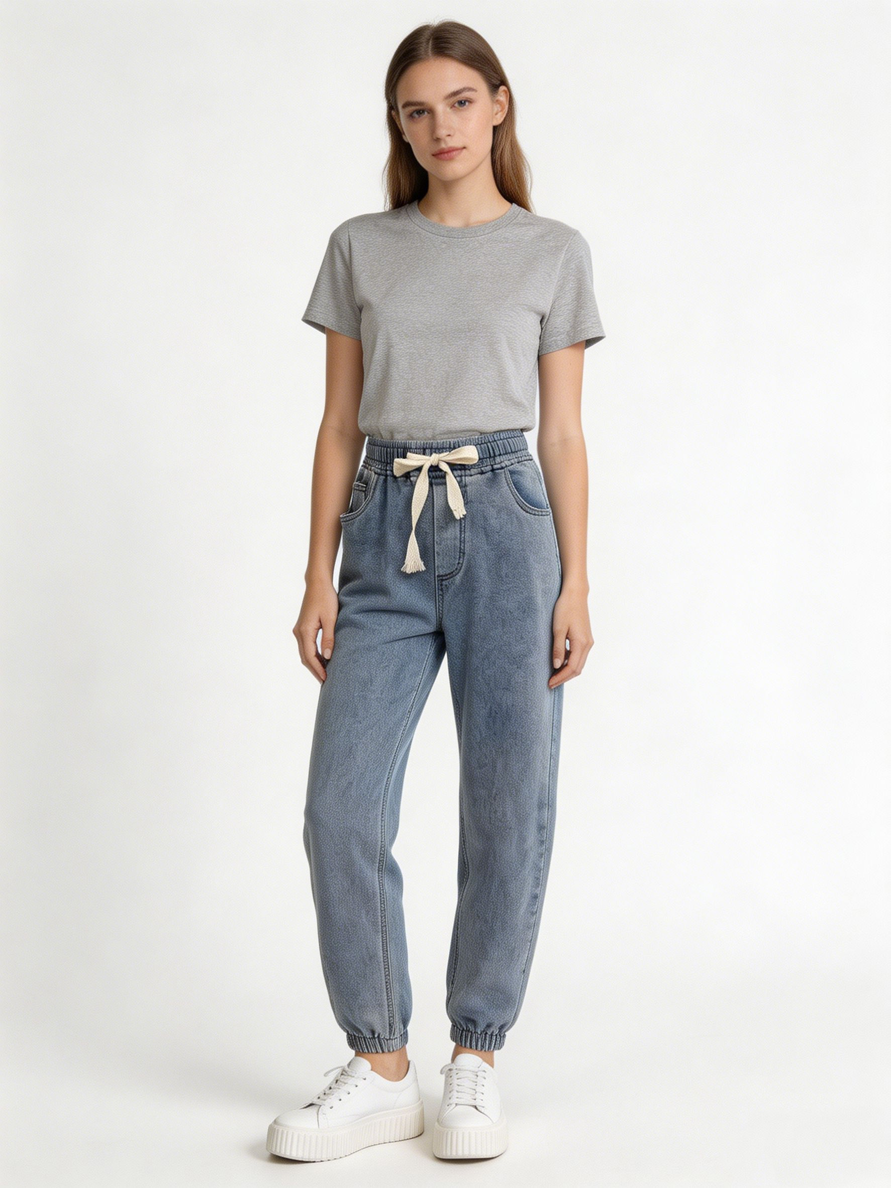 High Waist Drawstring Denim Joggers Women's Loose Fit Casual Jeans ZY5031