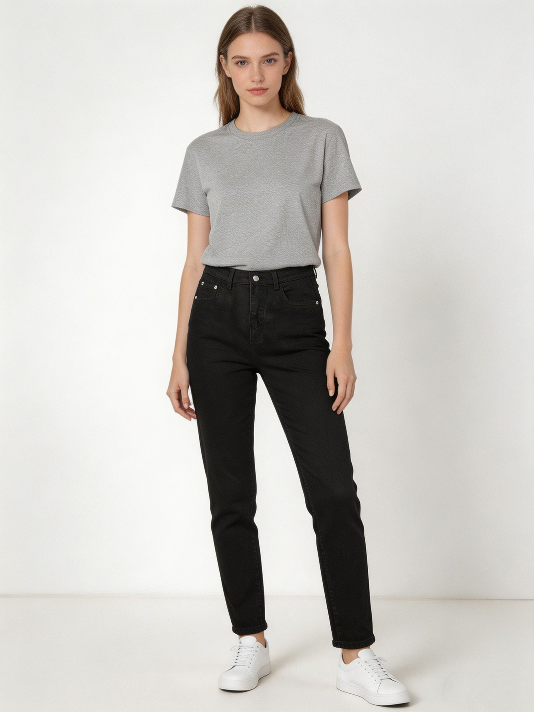 Solid Black Straight Leg Jeans for Women High-Rise Versatile Casual Denim Trousers ZY5061