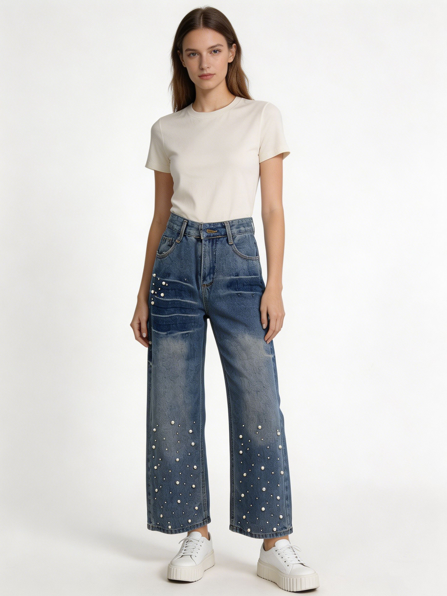 Vintage Wash Pearl Beaded Wide Leg Jeans High Waist Fashion Denim ZY5102