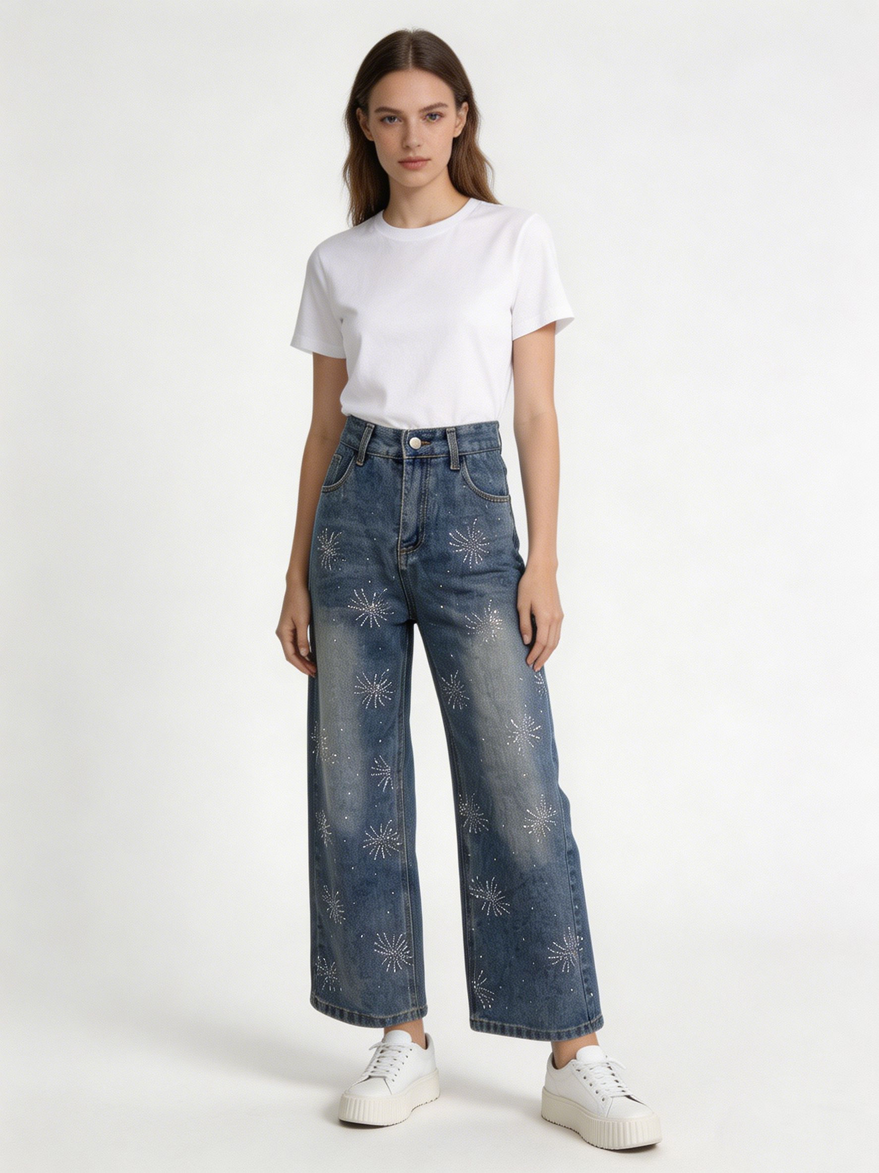 High Waist Rhinestone Star Pattern Wide Leg Jeans Fashion Blue Denim Trousers ZY5103