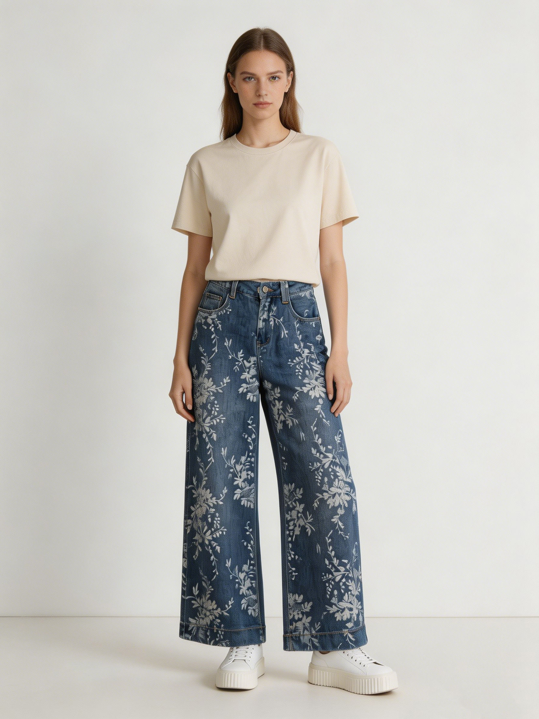 Spring Floral Wide Leg Jeans High Waist Printed Denim for Women ZY6021