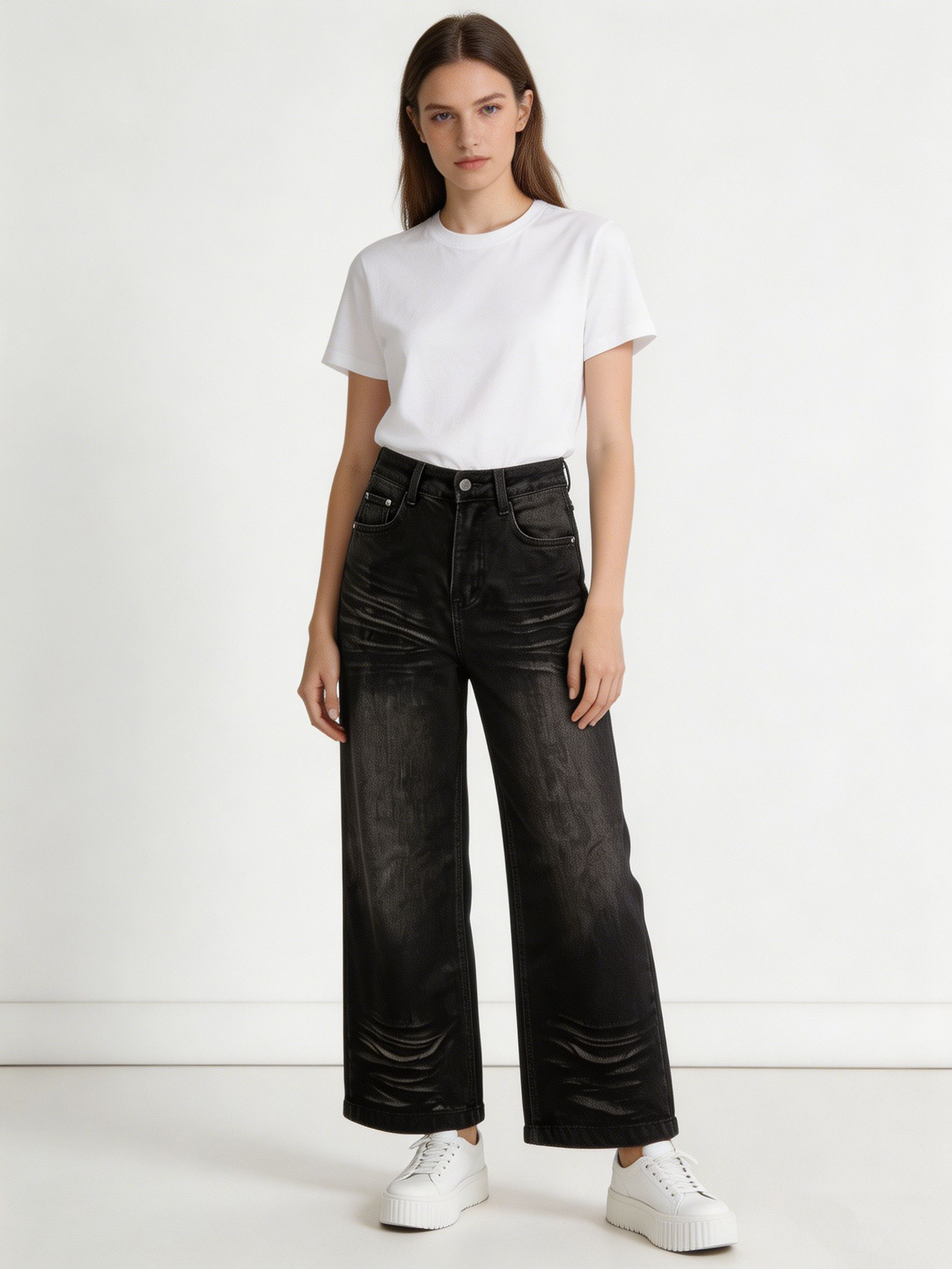 Retro 90s Style High Waist Wide Leg Jeans Washed Grey Relaxed Fit Denim ZY6022