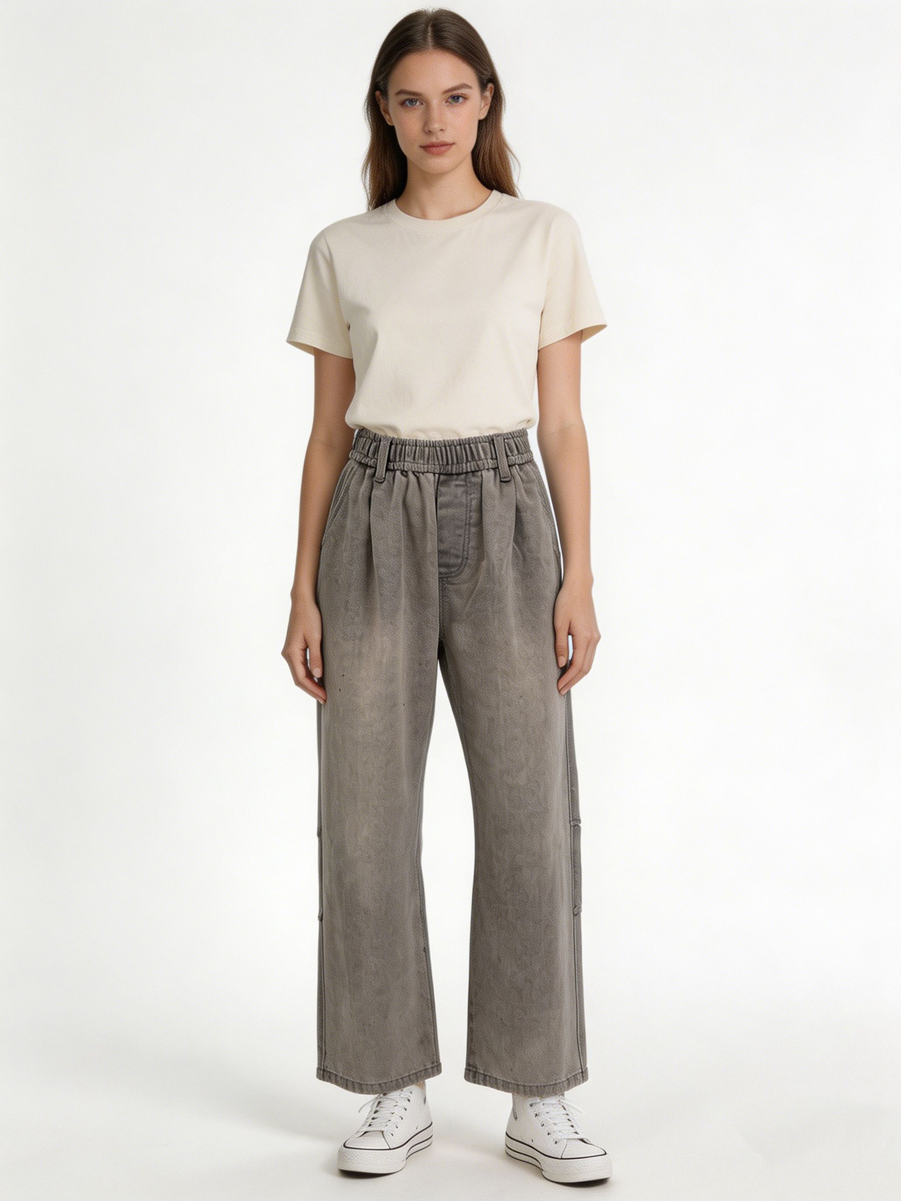 Vintage Faded Gray Relaxed Fit Wide Leg Jeans Retro Elastic Waist Denim Trousers ZY6024