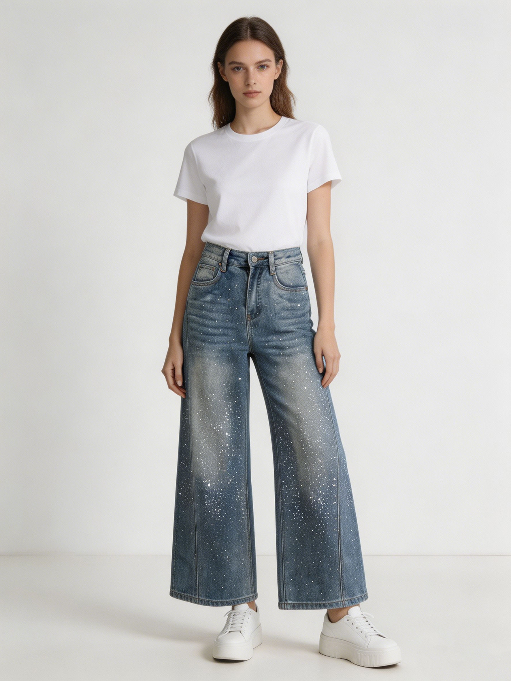 Premium Crystal Embellished Flare Jeans Women High Rise Statement Wash Denim ZY6025