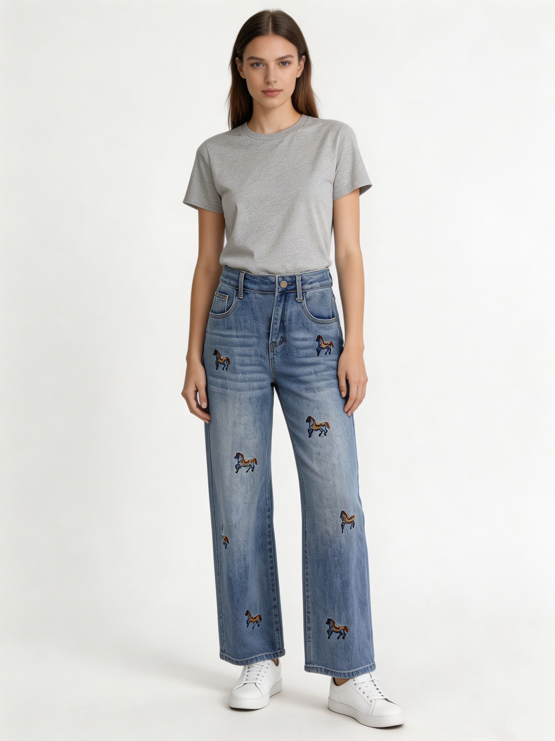 Cowboy Core Vintage Blue Horse Embroidery Wide Leg Jeans High Rise Denim Pants ZY6026
