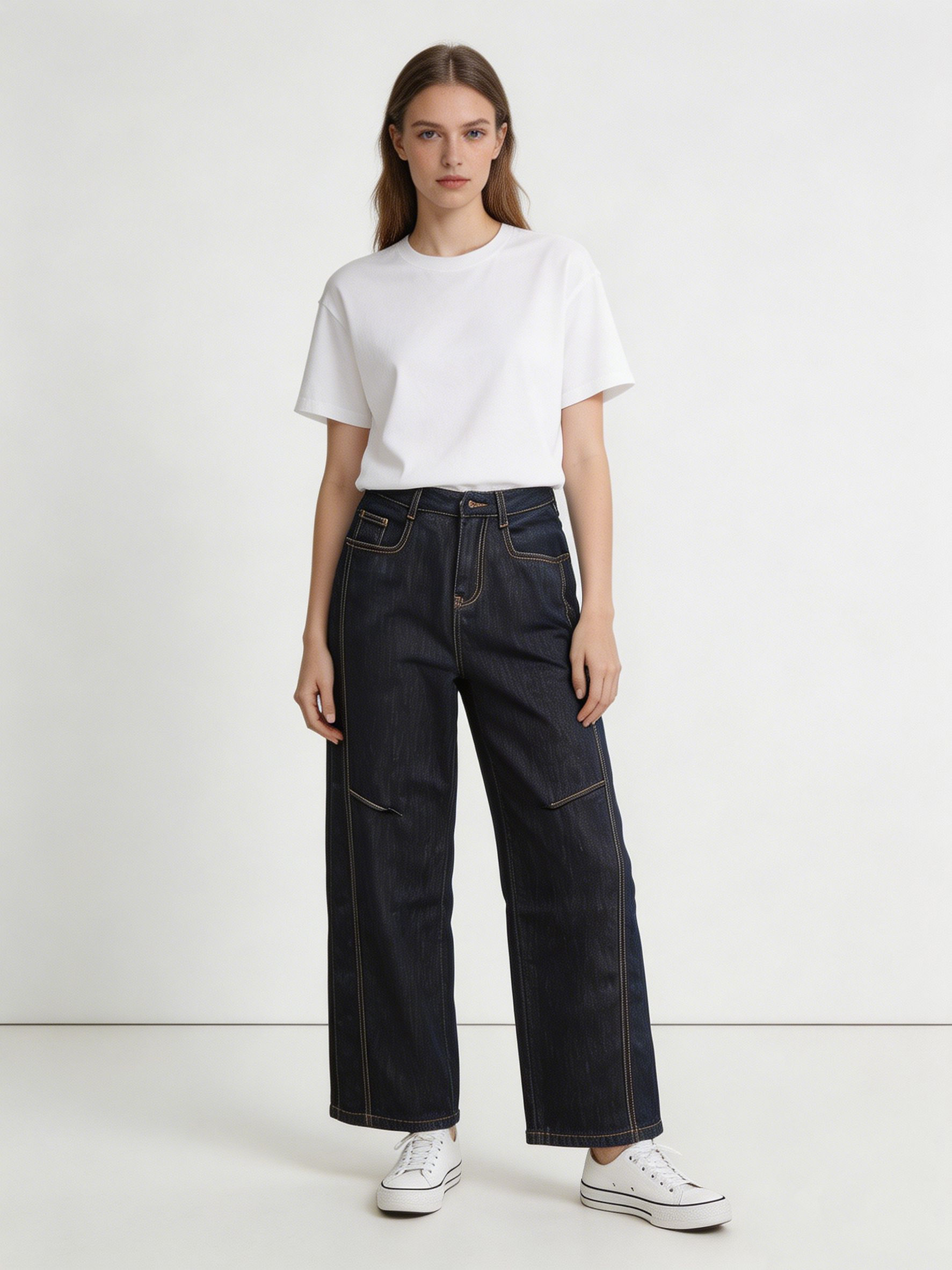 Vintage Dark Wash High Waist Wide Leg Jeans Retro Gold Stitch Denim Pants ZY6027
