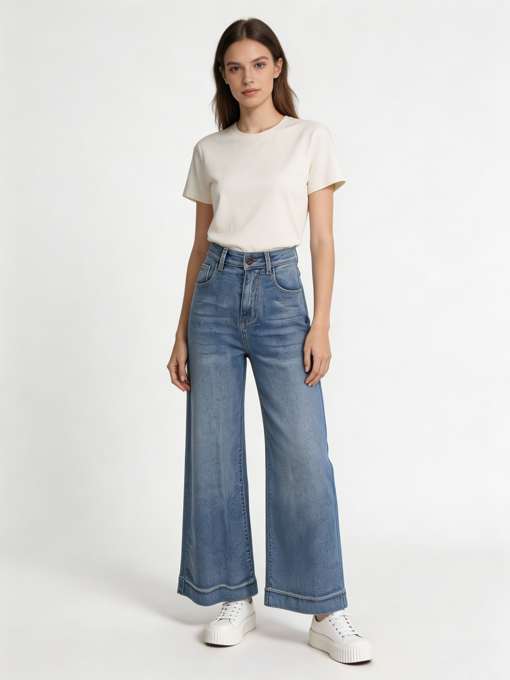Women's High Waist Flare Denim Jeans Classic Vintage Blue Bell Bottoms ZY6028