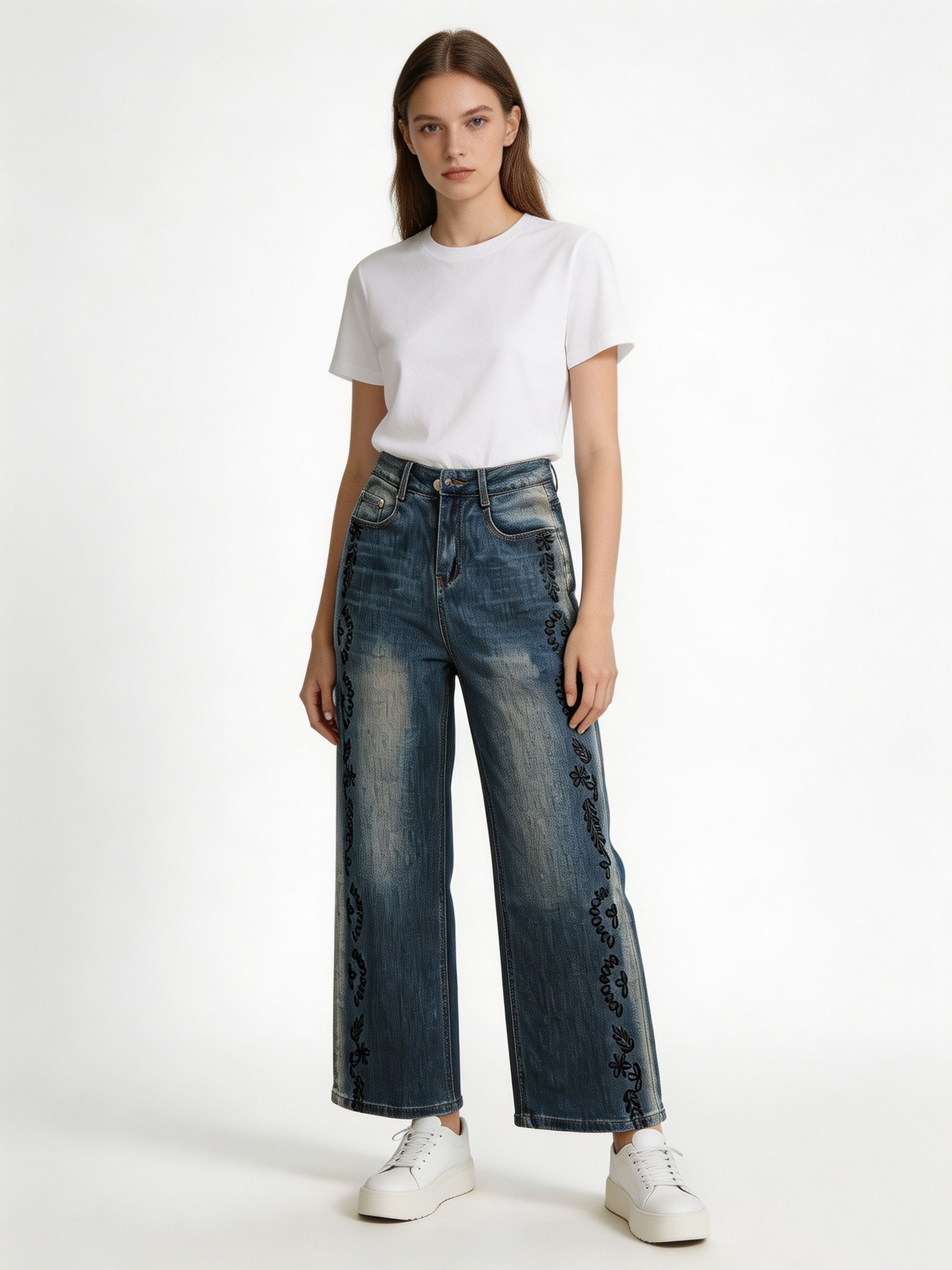 Boho Chic Laser Printed Wide Leg Jeans High Waist Side Pattern Statement Denim ZY6029