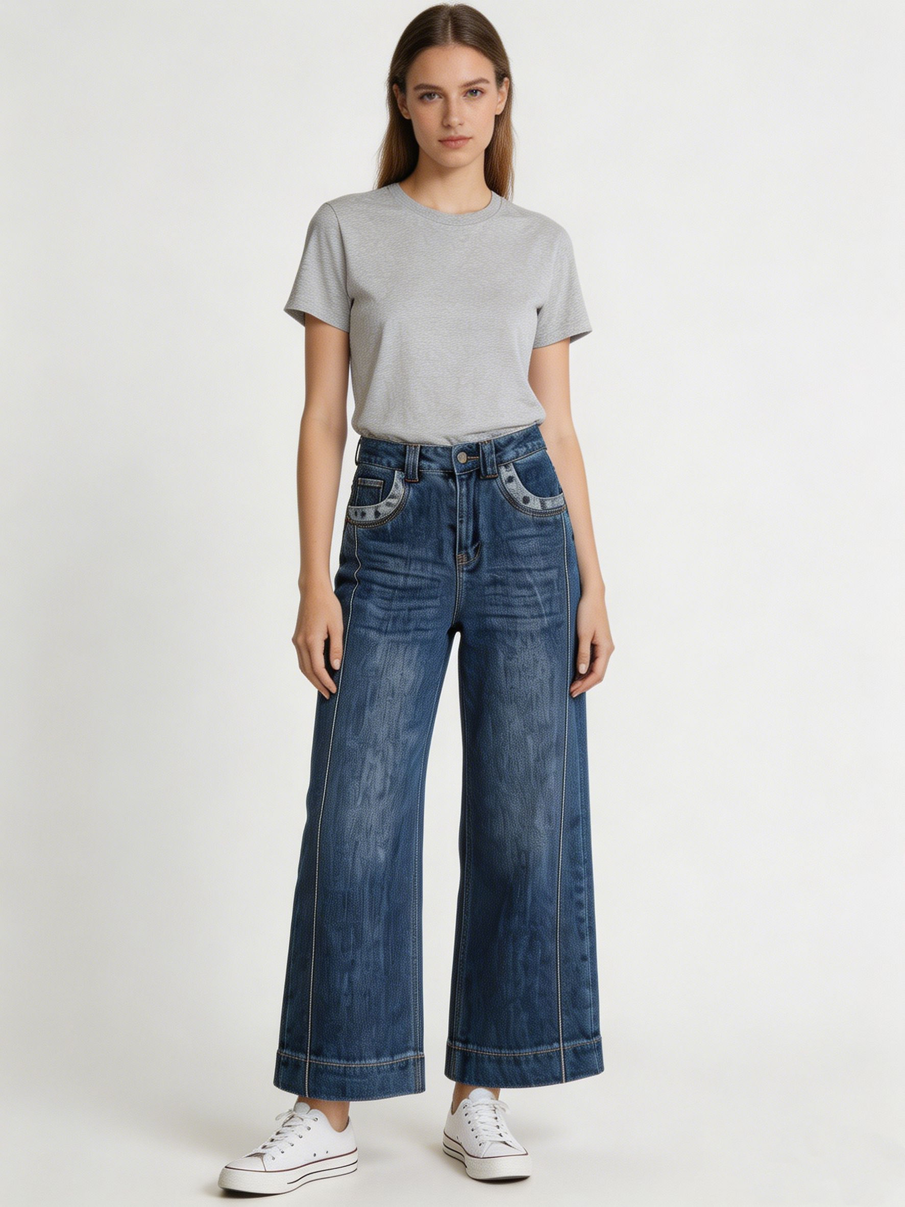 Women's Baggy Wide Leg Denim Jeans | Vintage Washed Contrast Pocket Street Style – OEM Wholesale ZY6030
