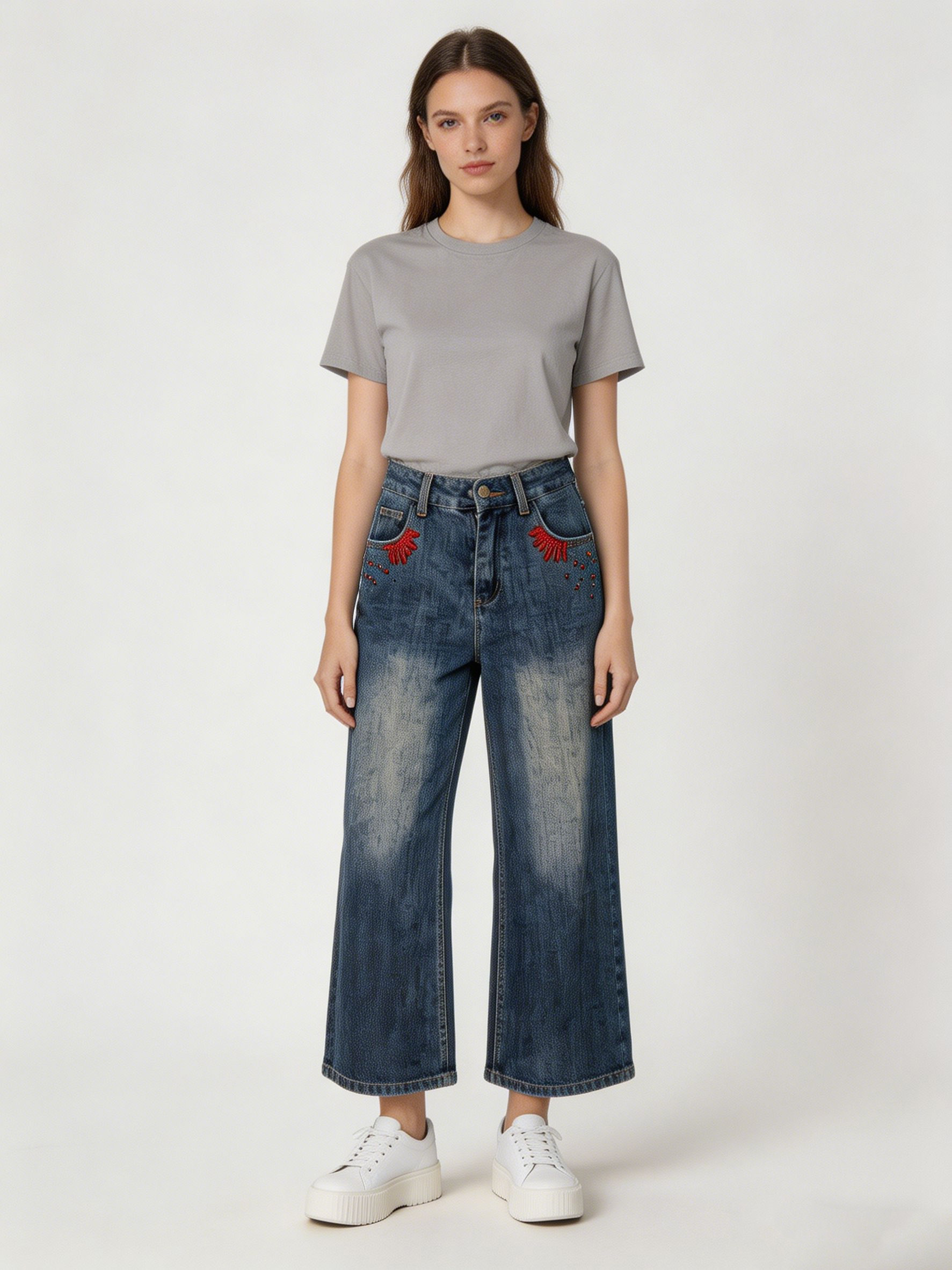 Boho Embroidered High Waist Wide Leg Jeans ZY6032