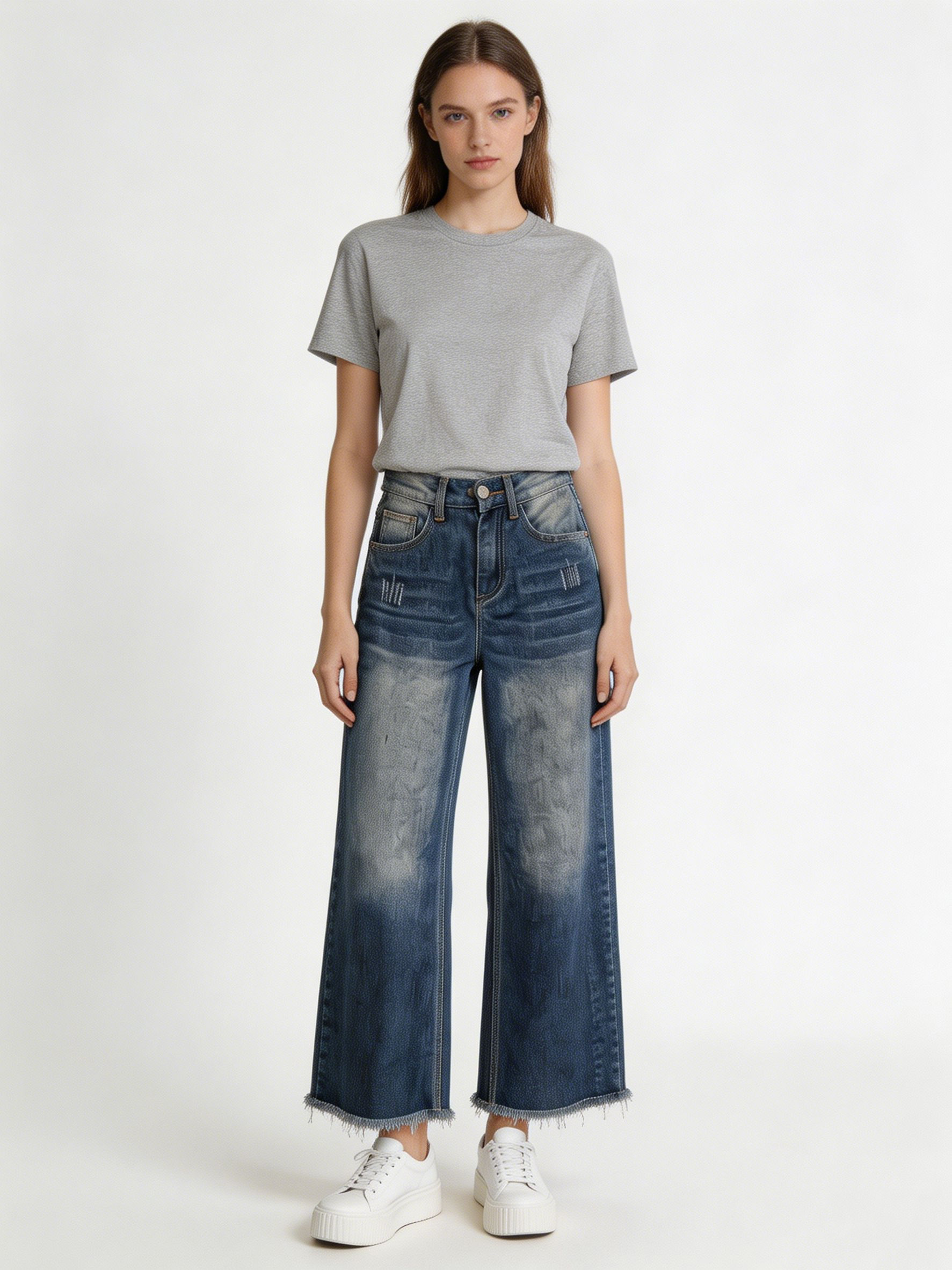 High Waist Wide Leg Frayed Hem Jeans ZY6033