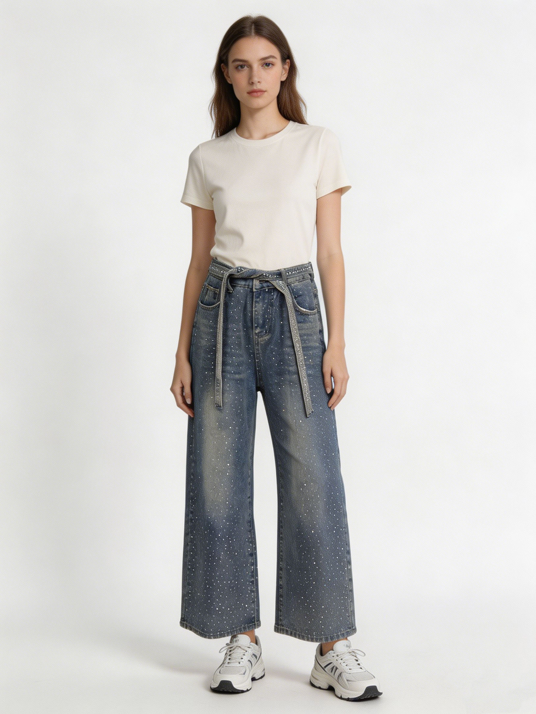 Women's Crystal Embellished Baggy High Waisted Denim Jeans ZY6035