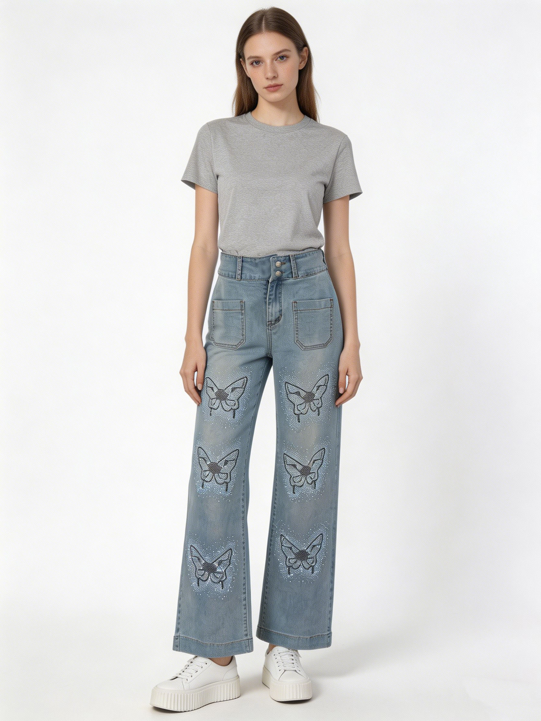 Women's Light Wash Butterfly Bling Straight Leg Jeans ZY6036