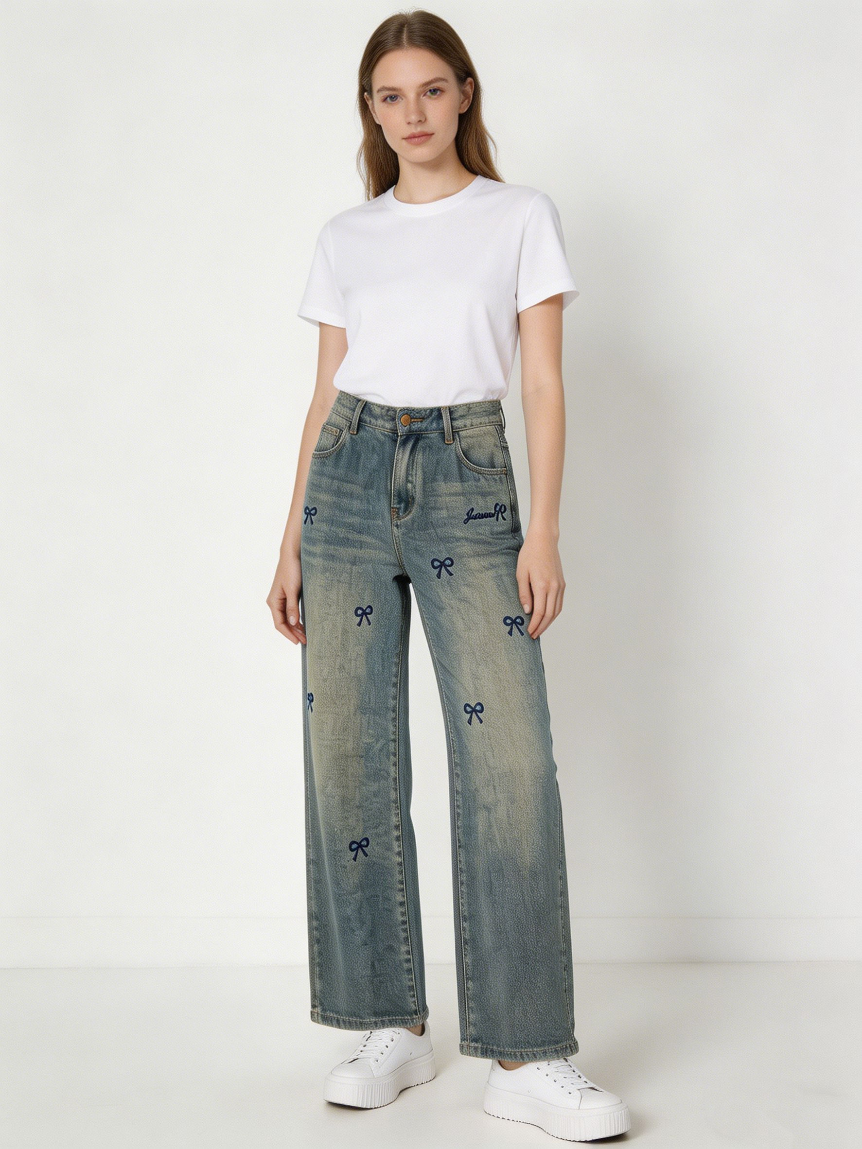 Women's High Waist Bow Detail Wide Leg Denim Pants ZY6037
