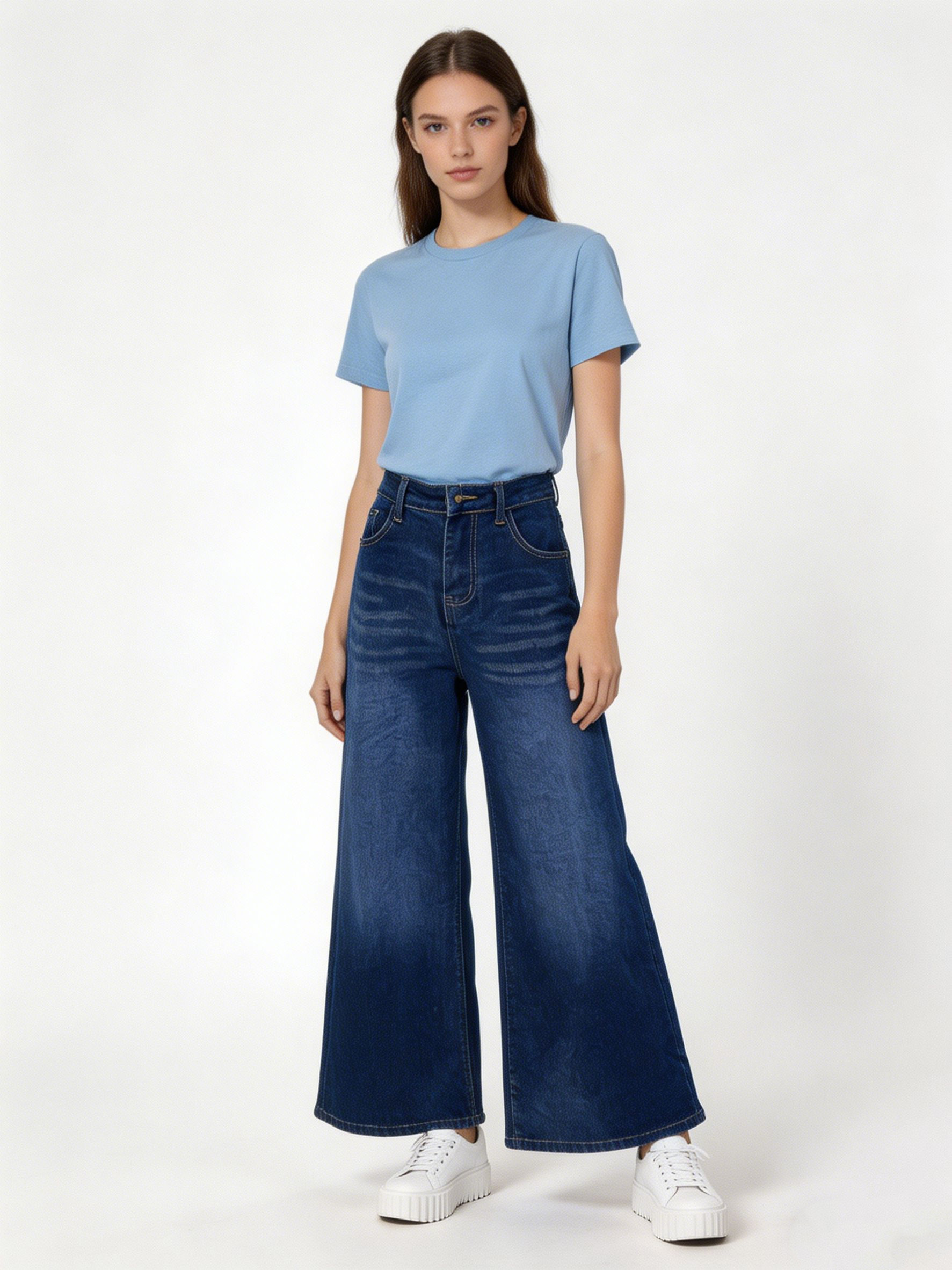 Women's High Waisted Wide Leg Deep Blue Denim Jeans ZY6059
