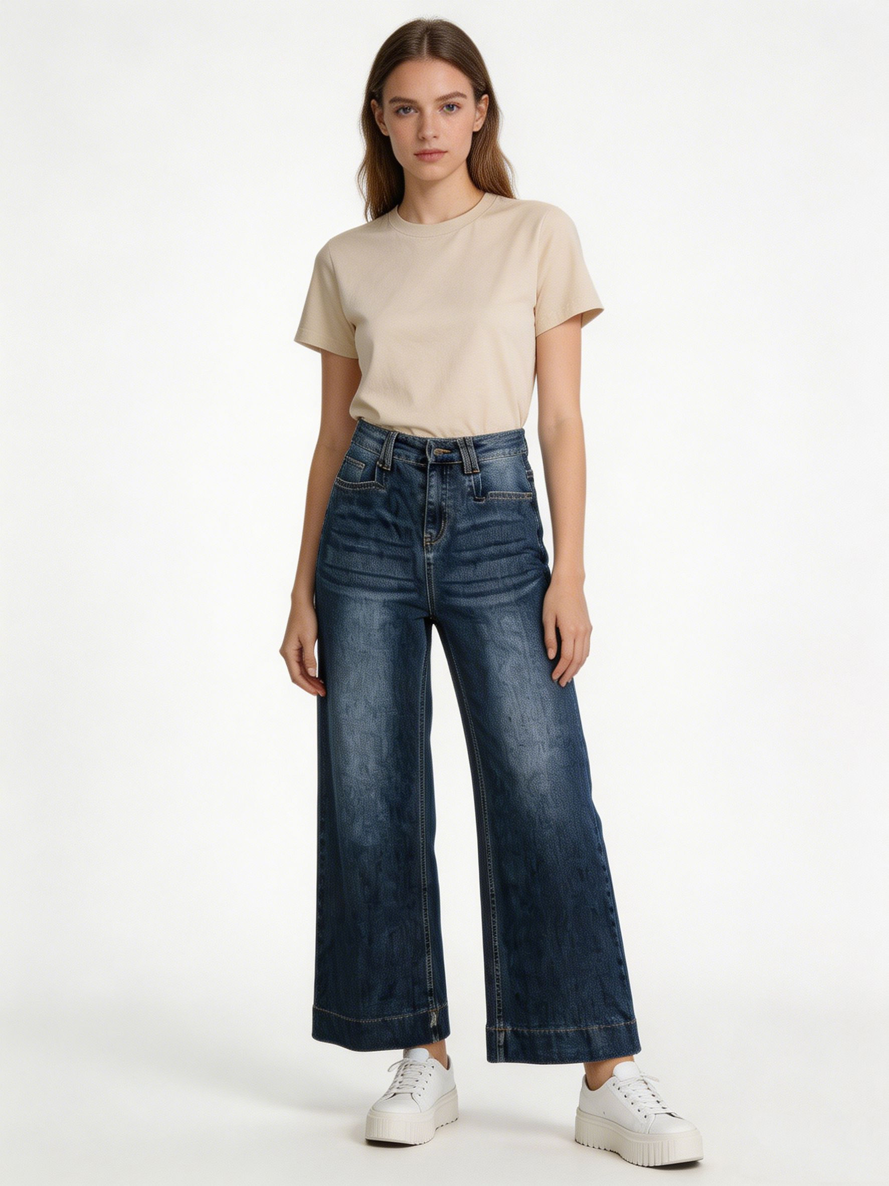 Women's Classic Mid Blue High Waisted Straight Fit Denim Pants ZY6060