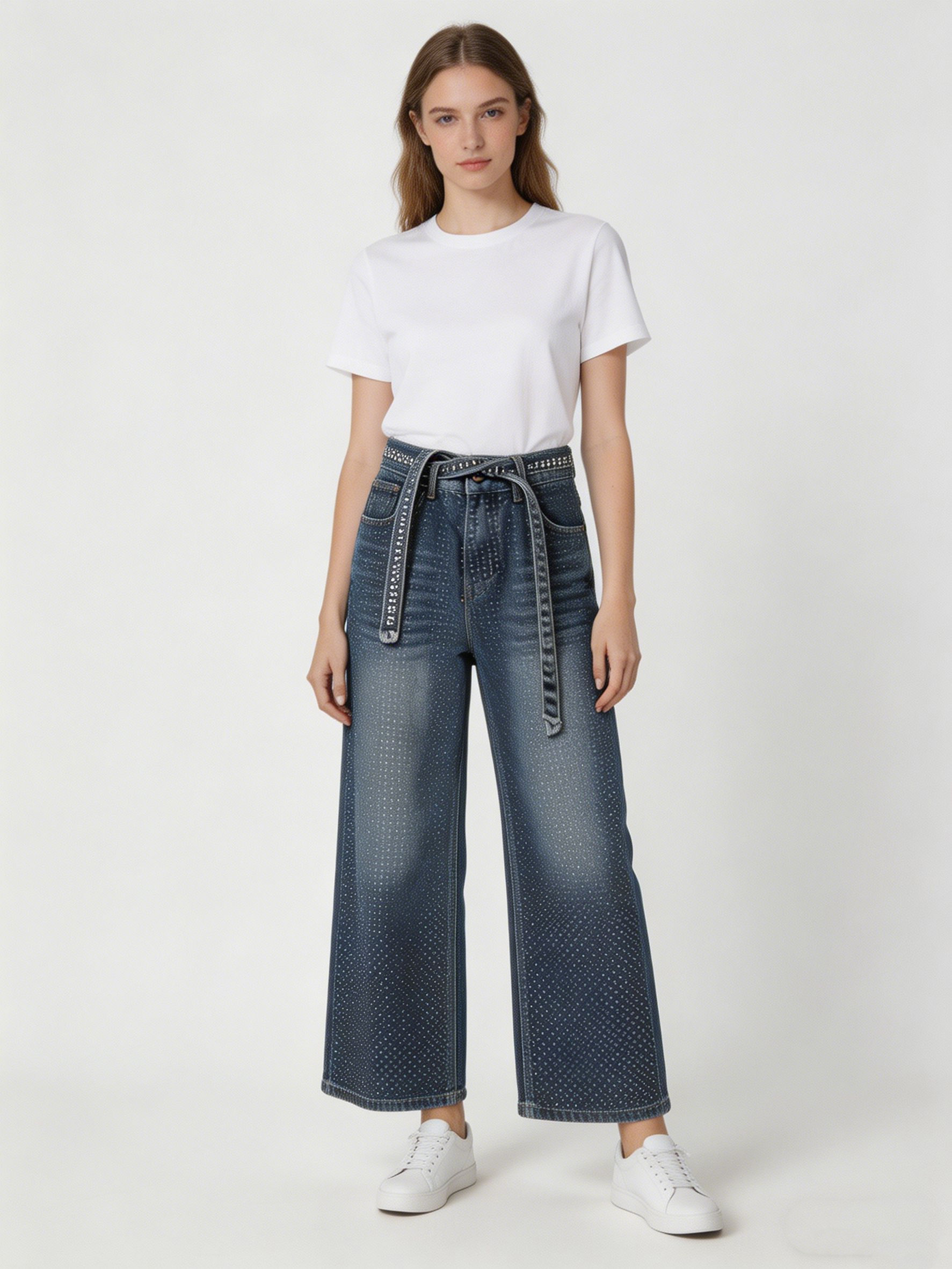 Women's Glam Rhinestone Baggy Wide Leg Denim Pants ZY6061
