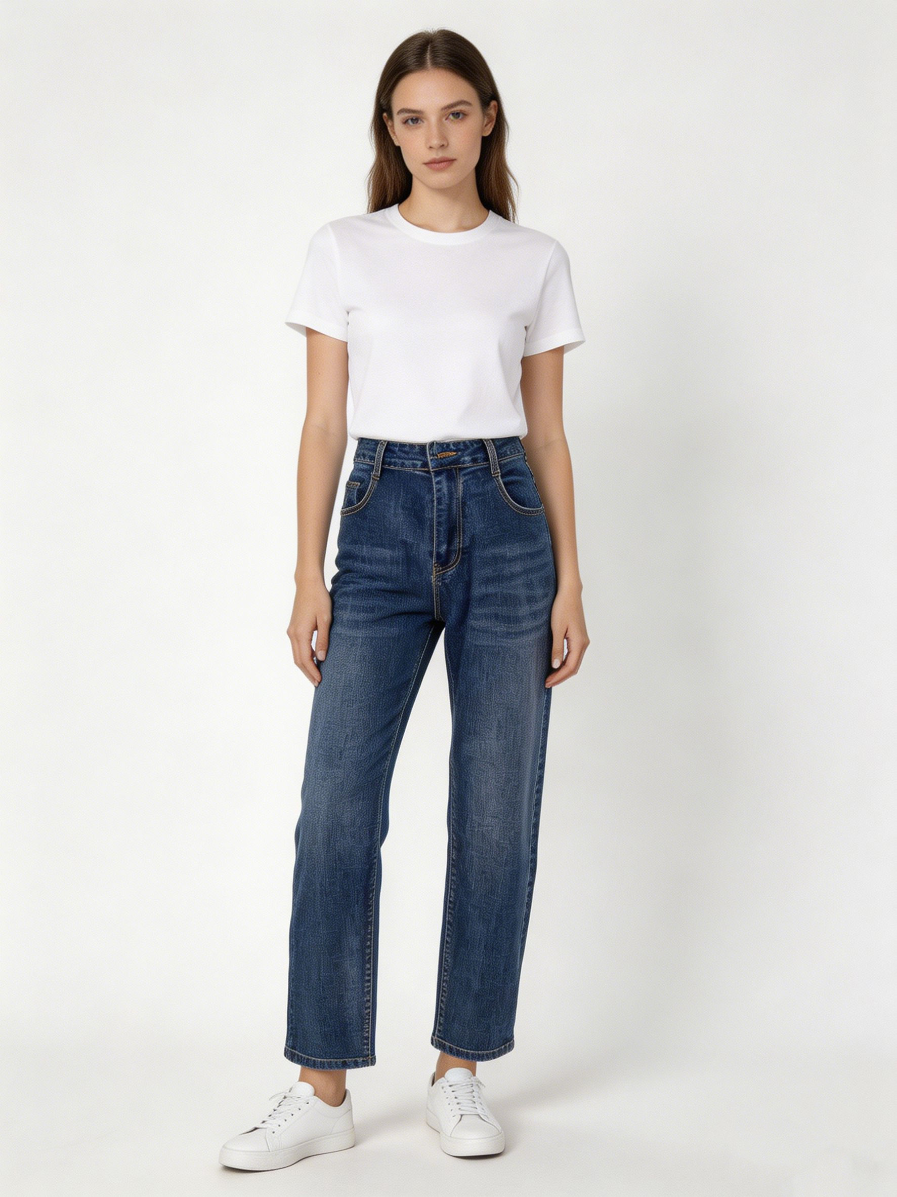 Women's Classic Mid-Blue High Waisted Straight Fit Jeans ZY6063
