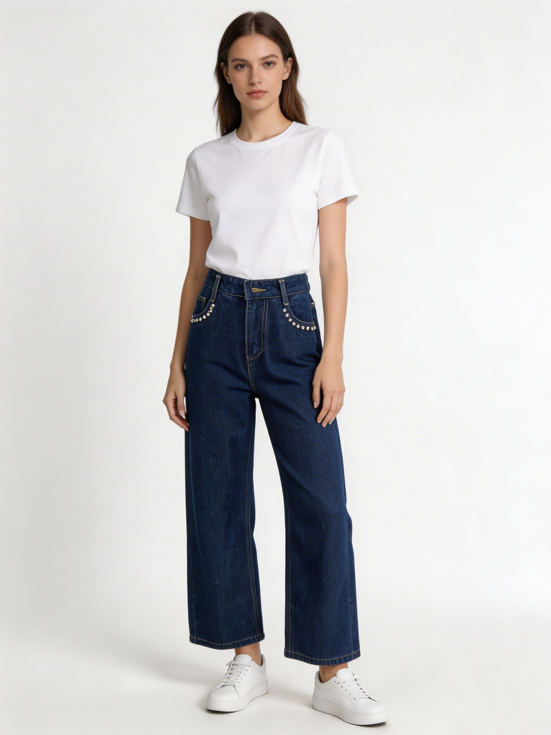 Women's Dark Blue High Rise Wide Leg Jeans with Rhinestone Detail ZY6064