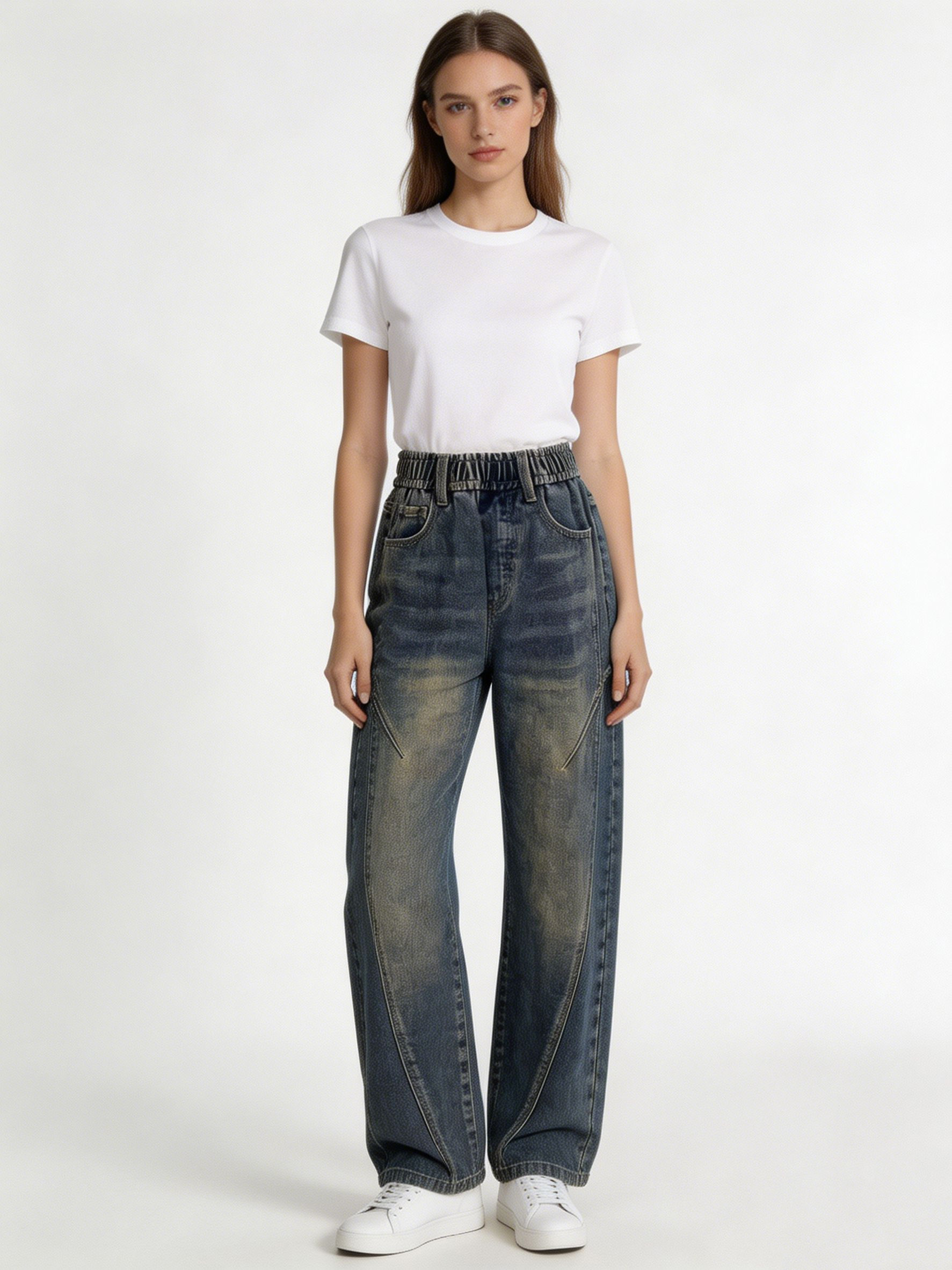 Mid-Wash High Waist Elastic Waist Wide Leg Panelled Jeans ZY6065