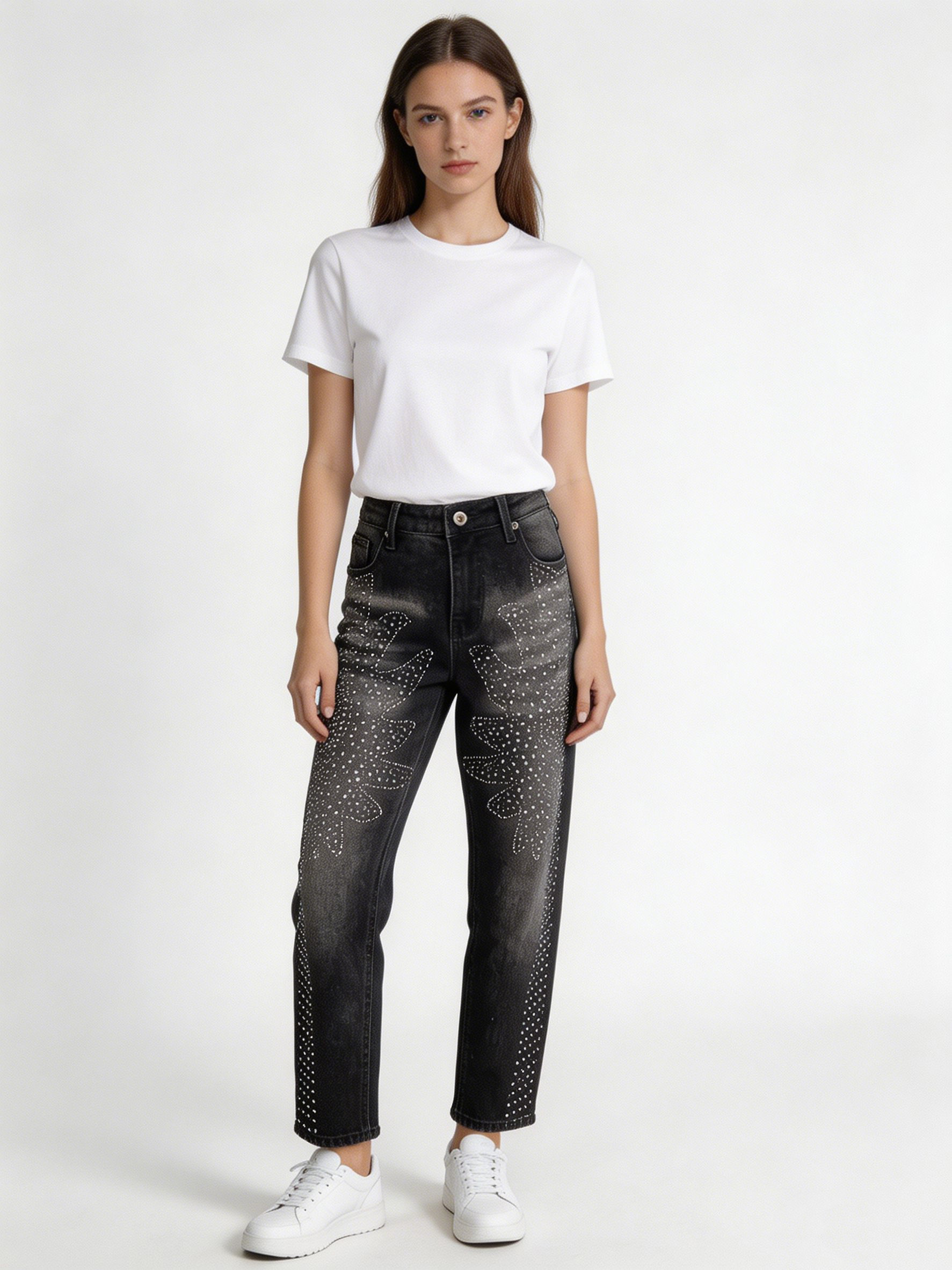 Hot Fix Rhinestone Pattern Washed Black Straight Jeans for Women ZY6067