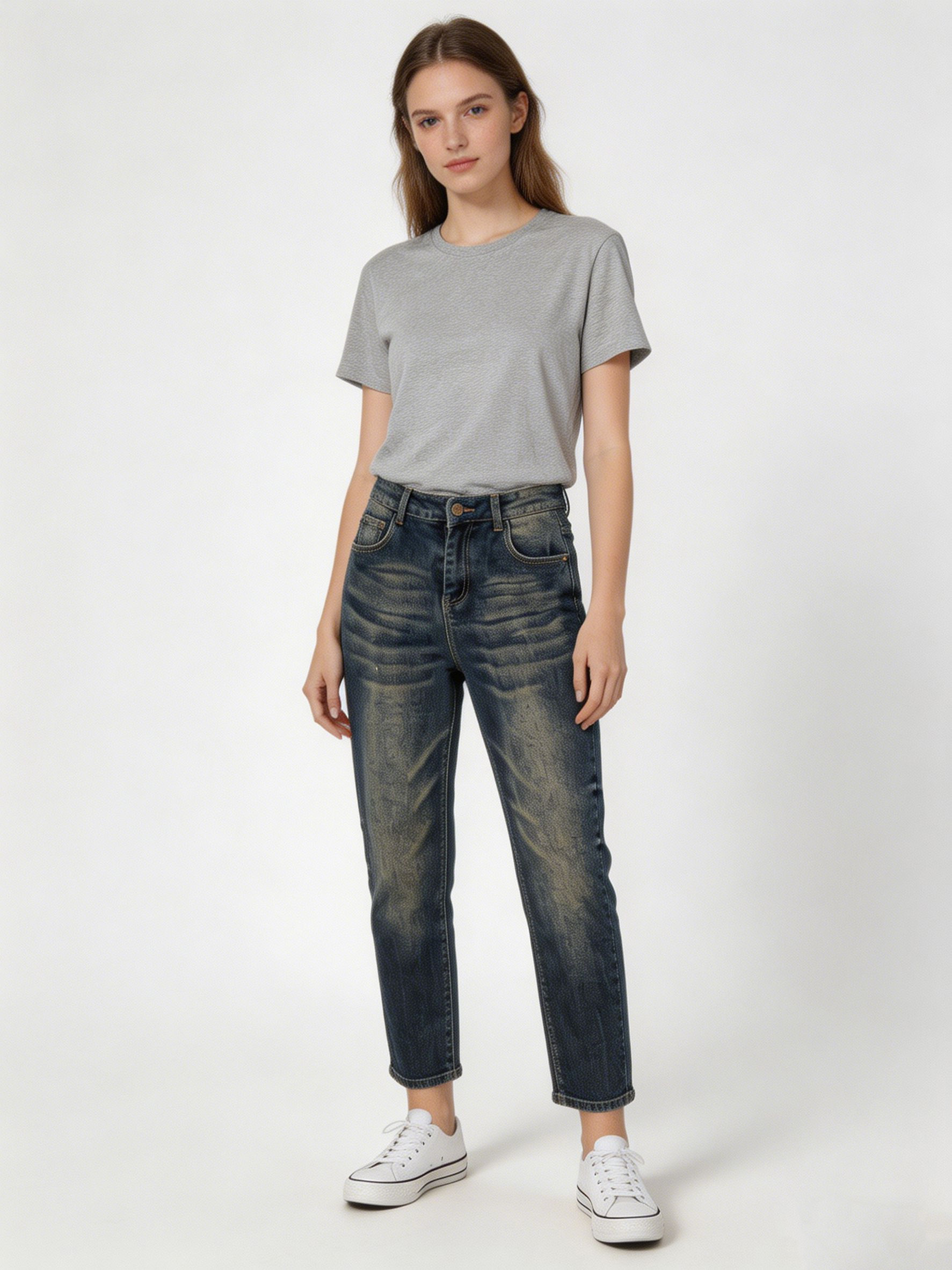 High Waist Medium Wash Straight Leg Denim Jeans for Women ZY6068